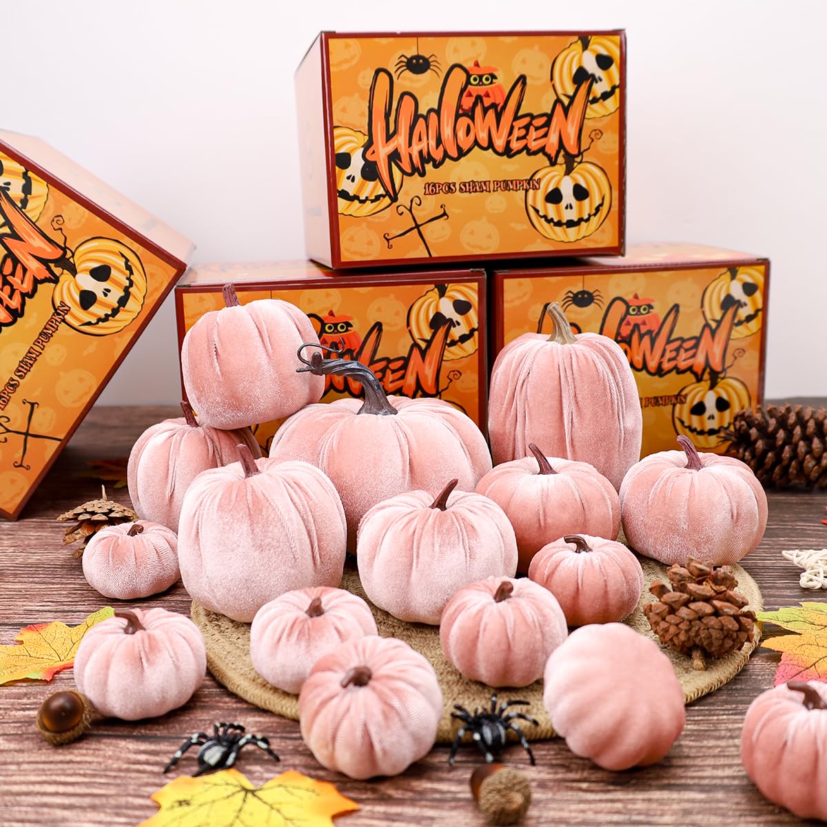 16Pcs Rosa Finta Schiuma Zucche Decorare Tessuto Velluto Zucca Bulk Caduta Tavolo Ciotola Centrotavola Fattoria Raccolto Decorativo Halloween