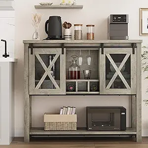 Garvee Farmhouse Wine Cabinet, Coffee Bar Sideboard Cabinet Storage, Console Table with Sliding Barn Doors, Entryway Table with Glass Rack for Kitchen Dining Room Hallway, 46.5 inches Long, Grey