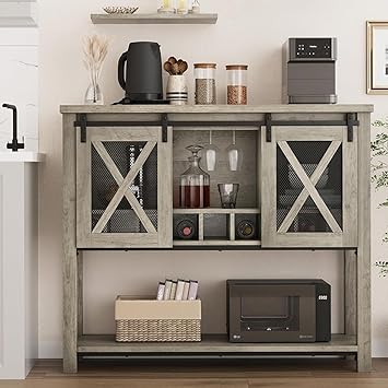 Garvee Farmhouse Wine Cabinet, Coffee Bar Sideboard Cabinet Storage, Console Table with Sliding Barn Doors, Entryway Table with Glass Rack for Kitchen Dining Room Hallway, 46.5 inches Long, Grey