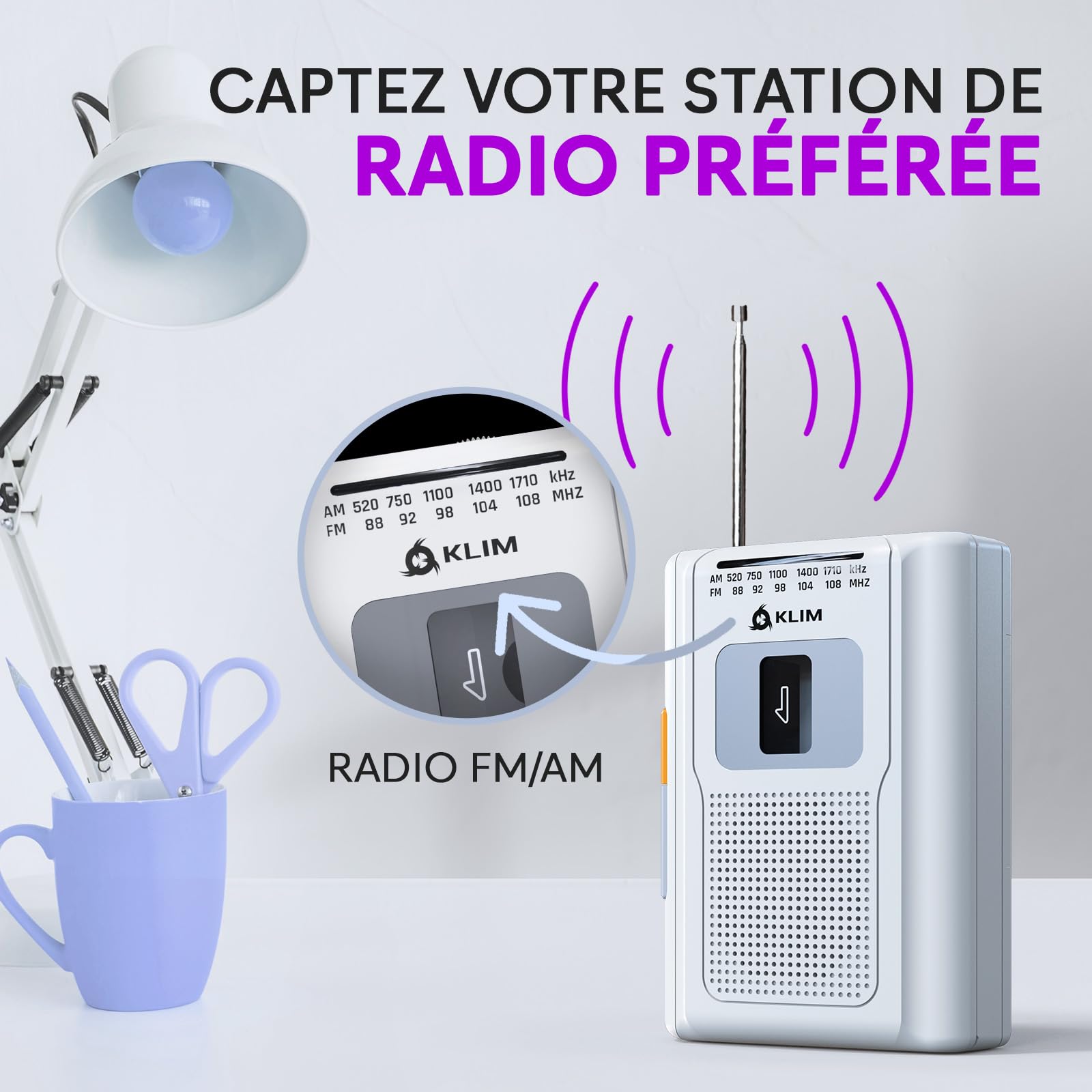 KLIM K8 Lecteur Cassette Audio - Enregistreur Cassette - Nouveau Player - Radio AM/FM - Microphone et Haut-Parleur Intégrés - Prise Casque et Écouteurs - Blanc
