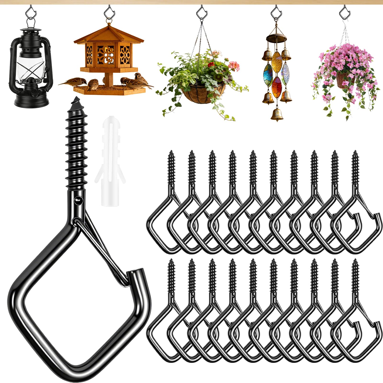 Uiyicil Heavy Duty Eye Screw Hooks for Hanging, Ceiling Hooks for Hanging Plants & Outdoor String Lights, Screw in Hooks with Safety Lock for Indoor Outdoor Decor (Black, 18 Pcs)
