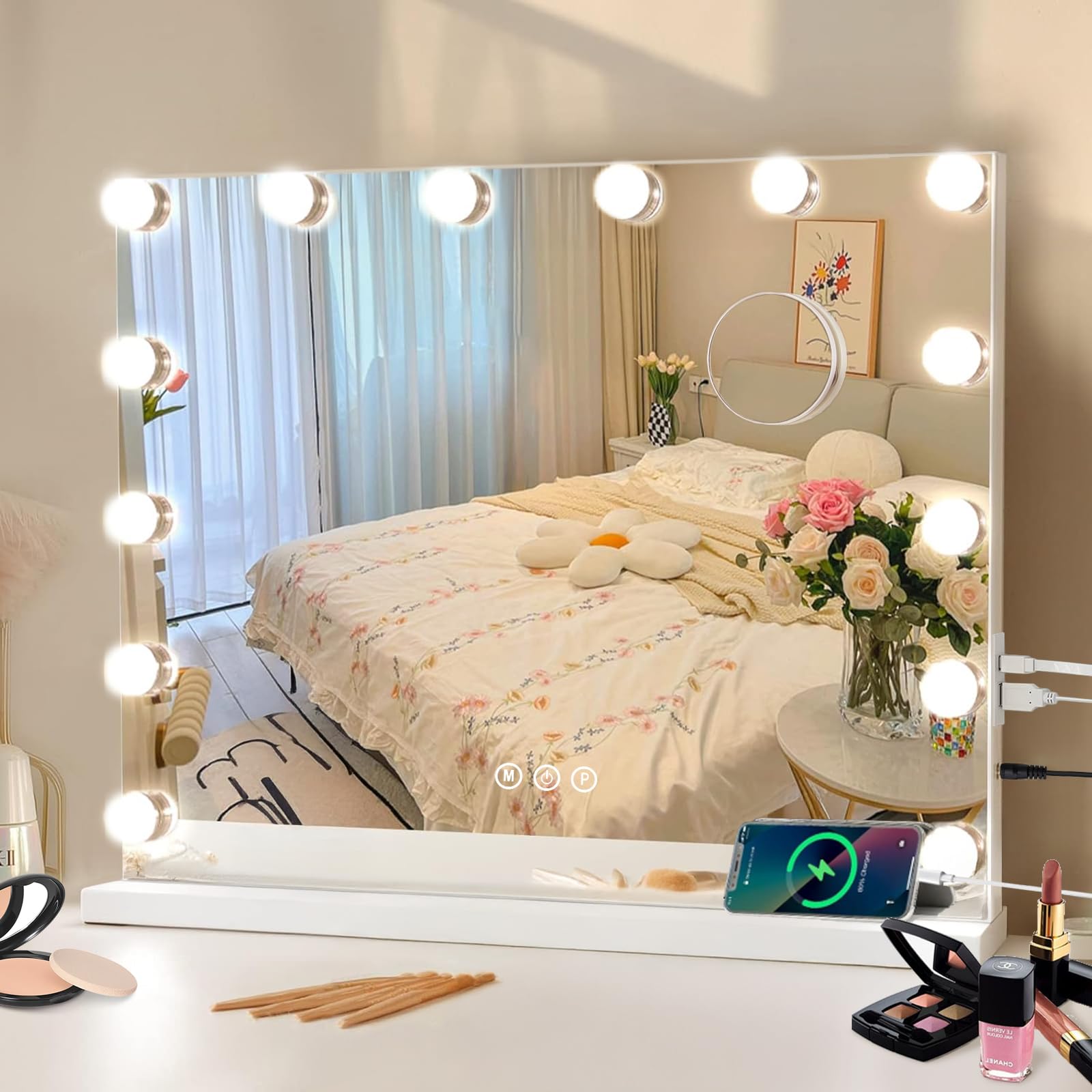 Hollywood - Specchio da trucco con illuminazione, 50 x 42 cm, 14 luci a LED, dimmerabile, 3 temperature di colore, con controllo touch, ingrandimento USB 12X, per camera da letto