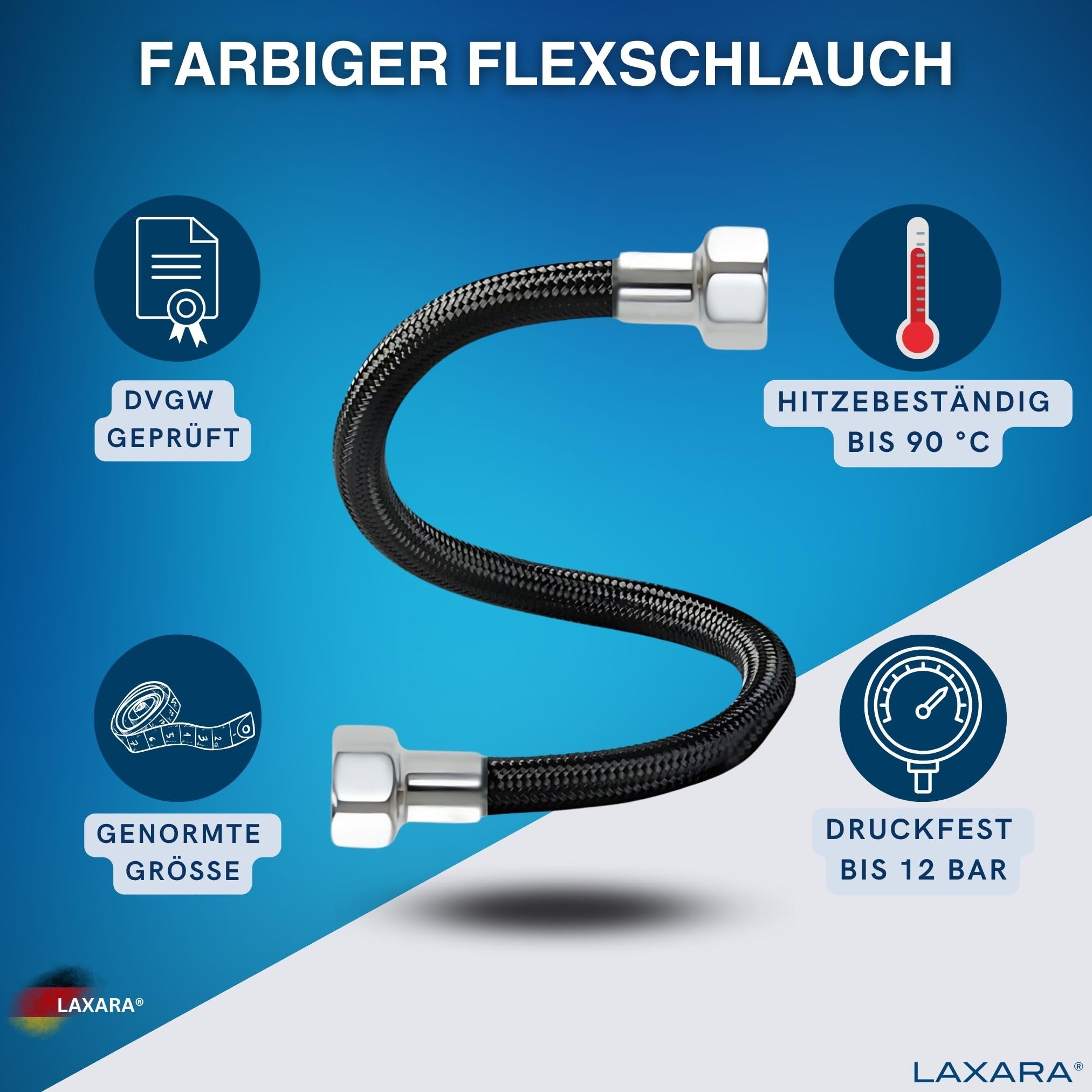 LAXARA DVGW Premium Coloured Flex Hose Black and White 3/8 Inch to 1/2 Inch Nut on Both Sides in Selectable Styles (3/8 Inch Black - Image 2