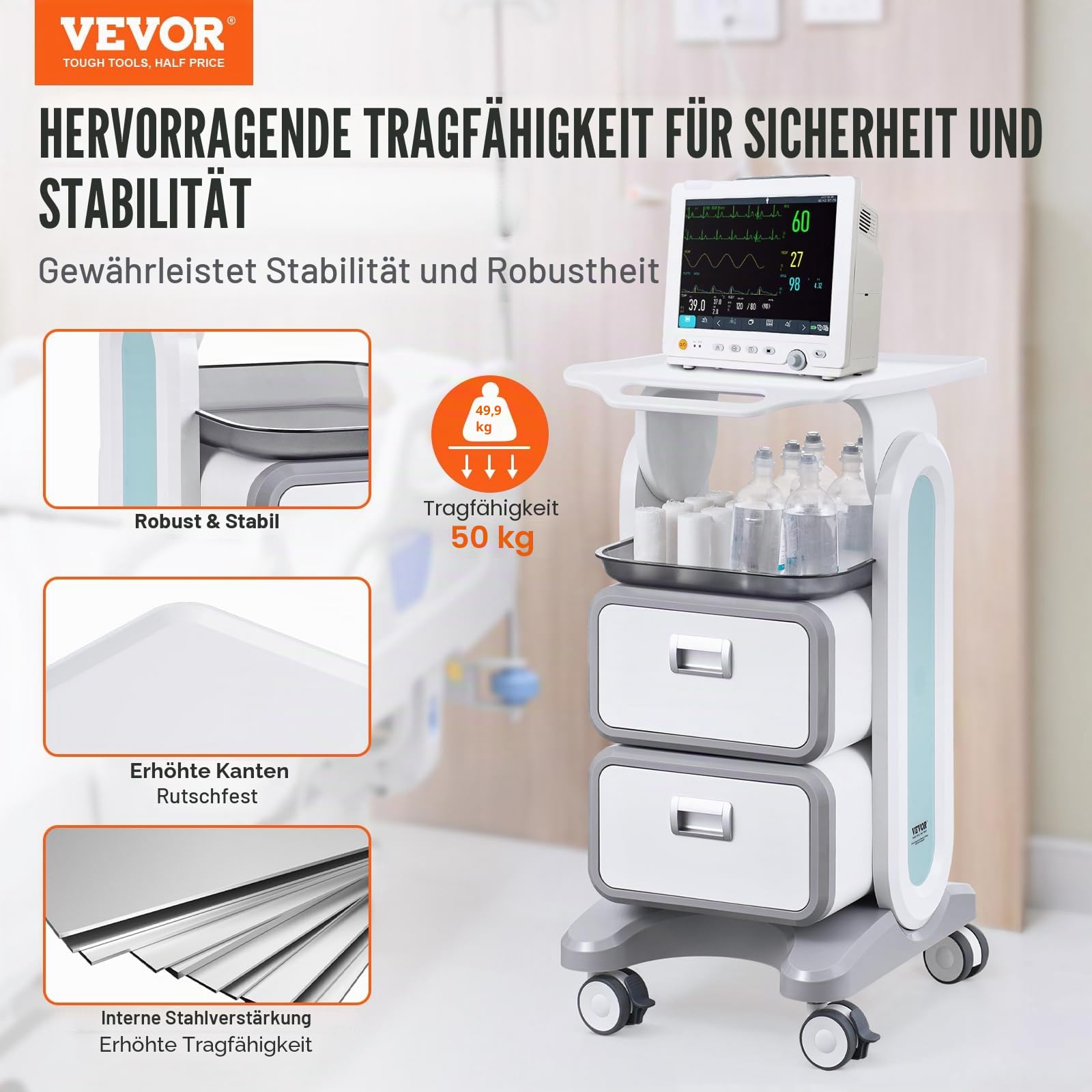 VEVOR Laborwagen Medizinwagen mit 2 Schubladen und oberer Ablage, Rollbarer Laborwagen ABS Material, 50 kg belastbarer Servierwagen Medizinischer Wagen für Labor, Klinik, Krankenhaus, Salon, weiß
