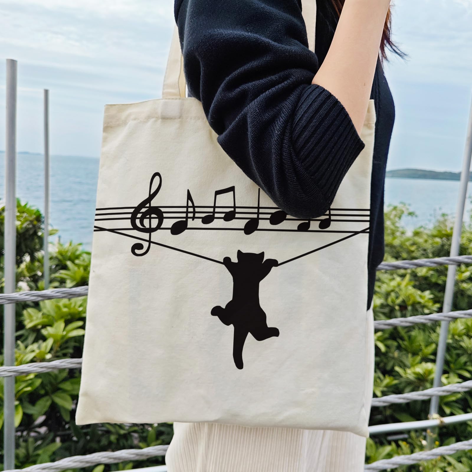Dlzdn Black Cat Canvas Tote Bag For Women Aesthetic Funny Cute Cat Playing Music Note Clef Tote Bag Shopping Grocery Bag Beach Bag Gifts for Women Teacher Bag Reusable Grocery Bag
