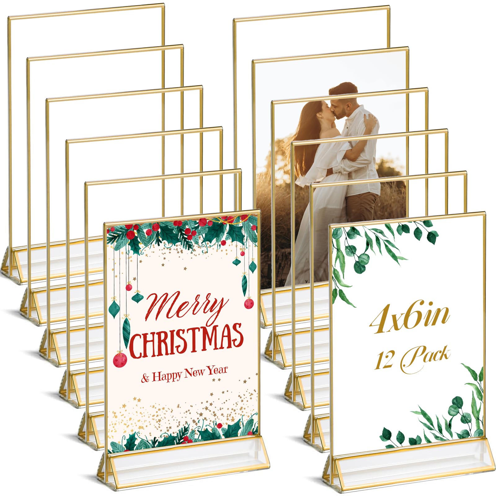 UNIQOOO Acrylic Sign Holders with Golden Border, Portrait View, Pack of 12 | 4x6 Inches Double Sided Clear Frame, Perfect for Wedding reception, Centerpiece, Decoration, Party,Anniversary, Event