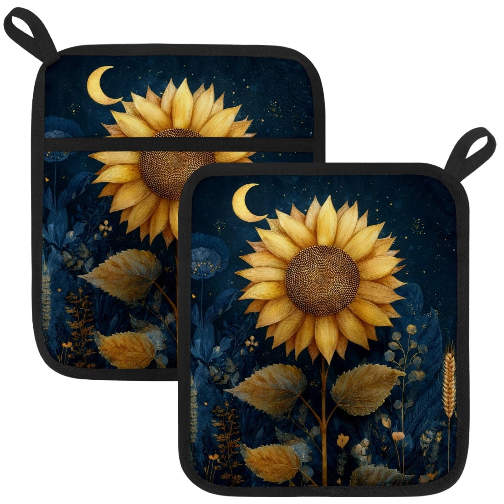 VAPOKF Sunflower Heat Resistant Pot Holders, Thick Pot Holders Pad with Hanging Loop for Kitchen, Oven Cloth Pads for Kitchen Baking Microwave Oven