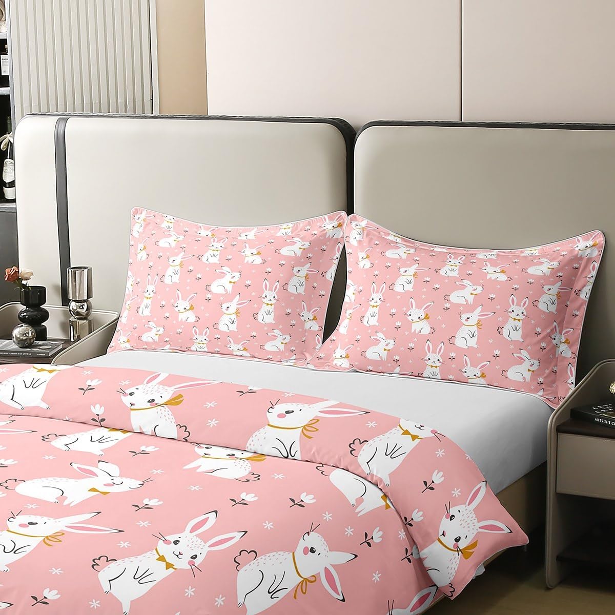 Cute Rabbit Bedding 100% Cotton Set Cartoon Bunny Pink Decor Duvet Cover 100% Cotton for Kids Boys Girls Lovely Little Floral Rabbit Botanical Animal Quilt Cover Room Decor 2Pcs Twin Size Zipper