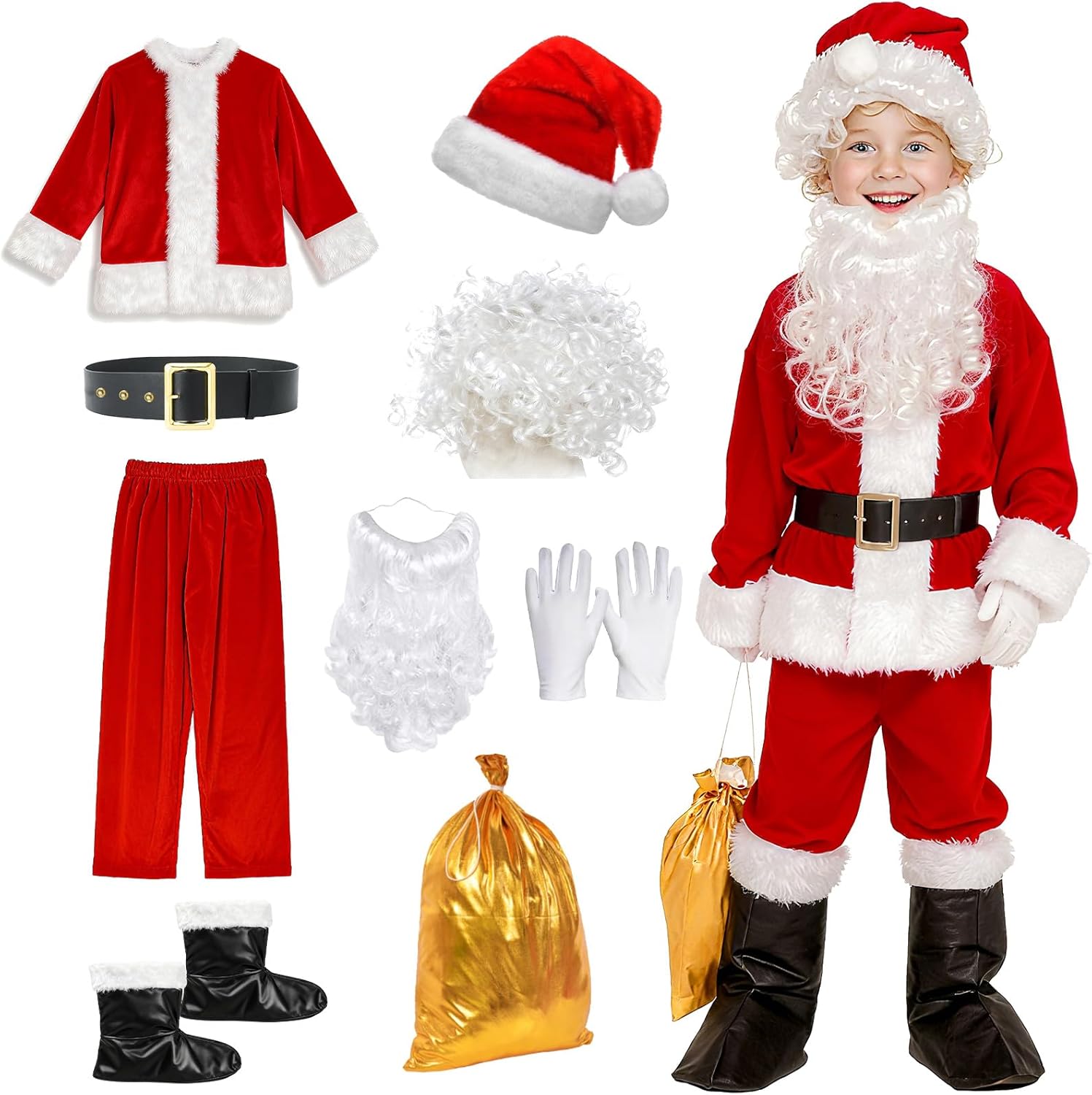 9PCS Santa Claus Costume for Kids,Santa Suit Kids Boys Santa Costume for Christmas Cosplay Party