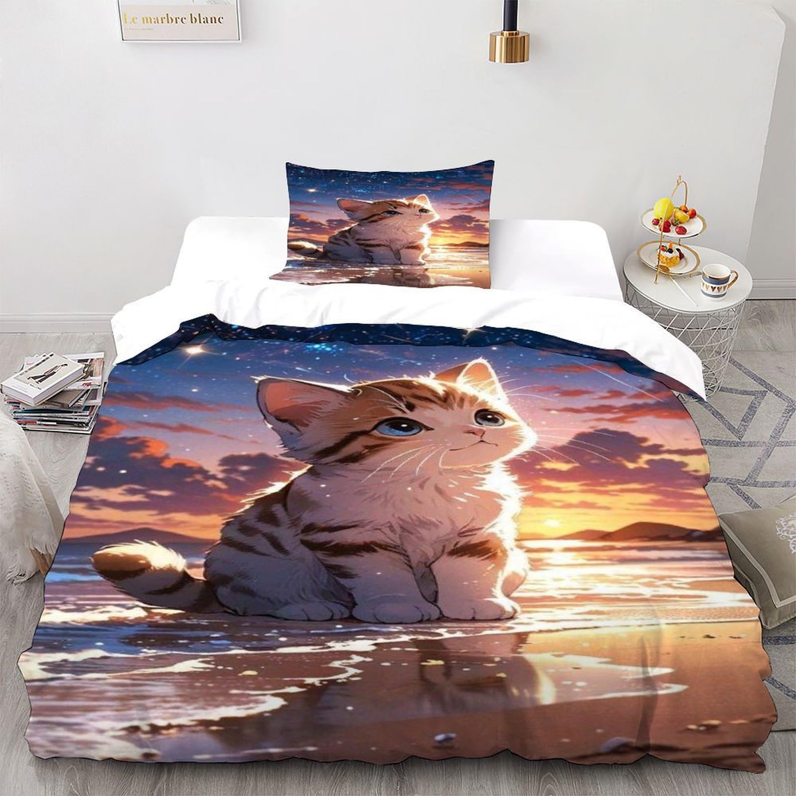 Parure de lit microfibre chaton étoilé avec fermeture éclair finitions luxe