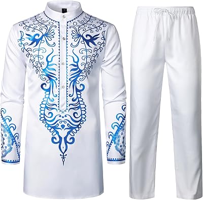 ZEROYAA Men's Africa Suit Long Sleeve Print Dashiki and Pants Outfit Traditional 2 Piece Set