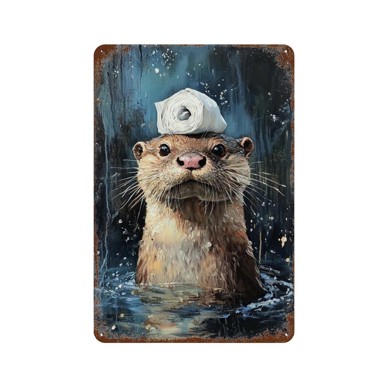 Otter Balancing Toilet Paper Roll-1 11.8"x7.9" Vintage Rust Metal Sign, Shabby Chic Decor for Garage, Bar And Workshop Decor