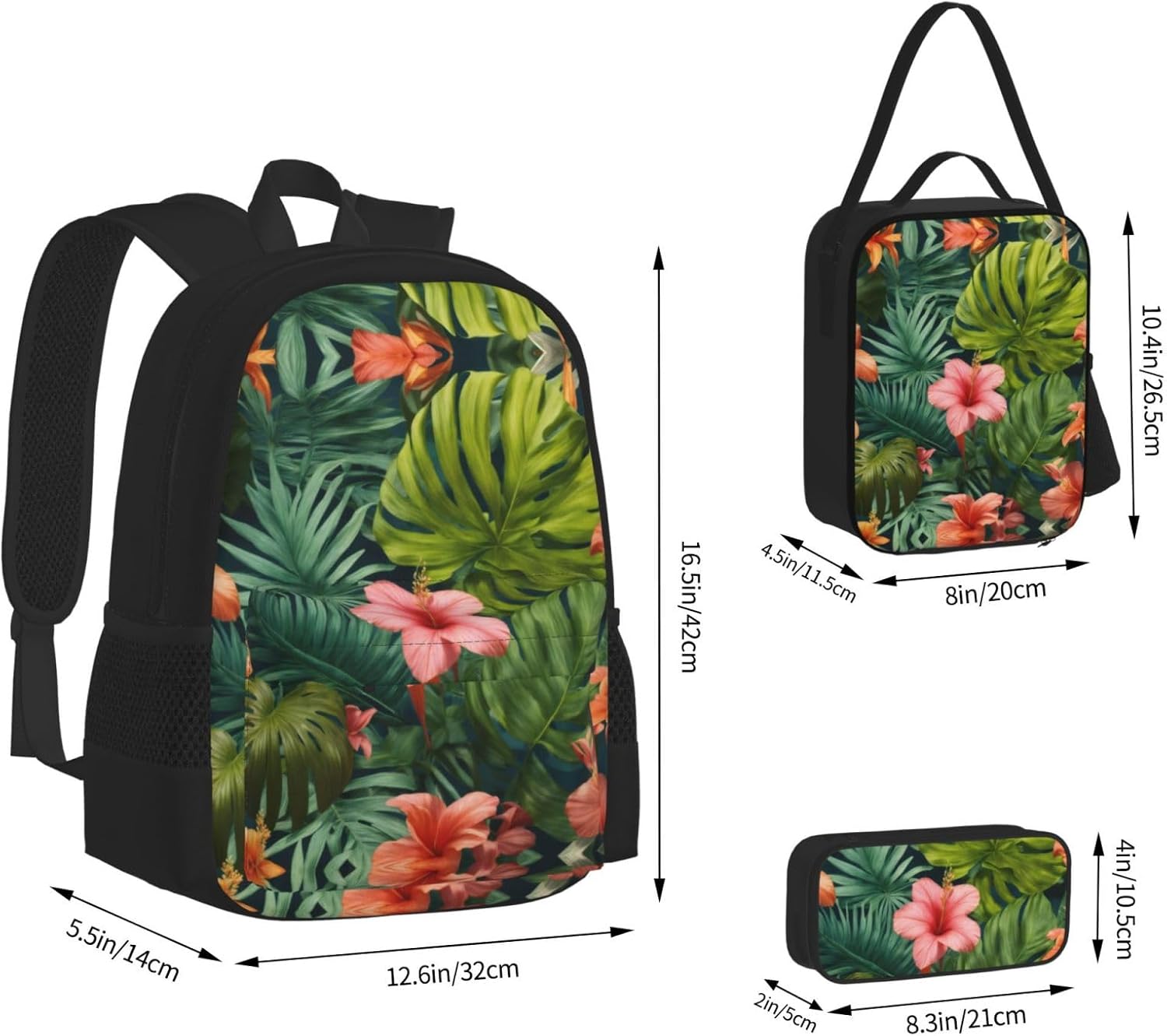 Hojas Tropicales Y Flores Backpack With Lunch Box 3 In 1 Set With Pencil Case, Large Capacity Backpack With Chest Strap