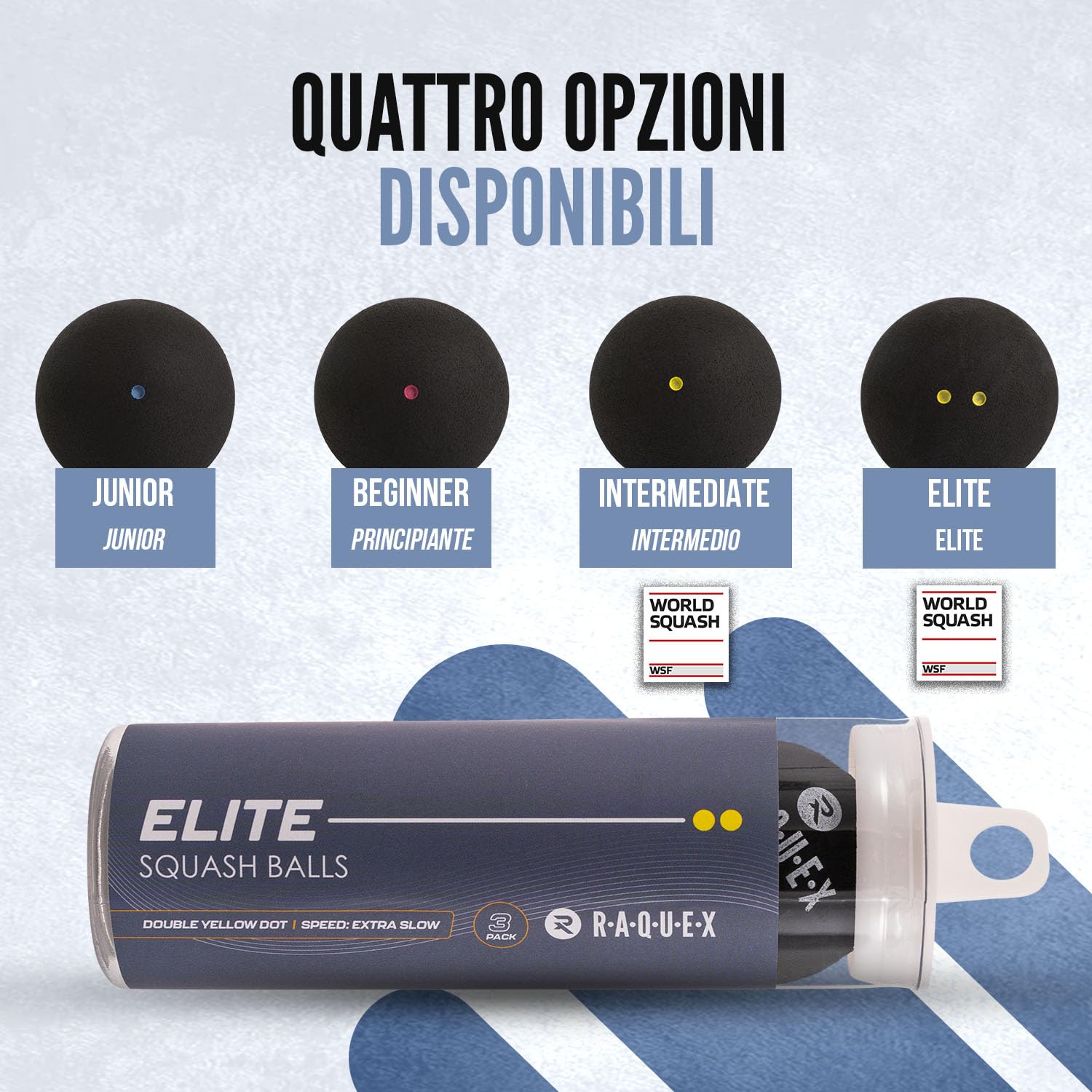 Raquex Palline da Squash - Tubo da 3-4 Velocitàs: Punto rosso per principianti, Punto blu per juniores, Singolo punto giallo per giocatori di livello avanzato, Doppio punto giallo da competizione