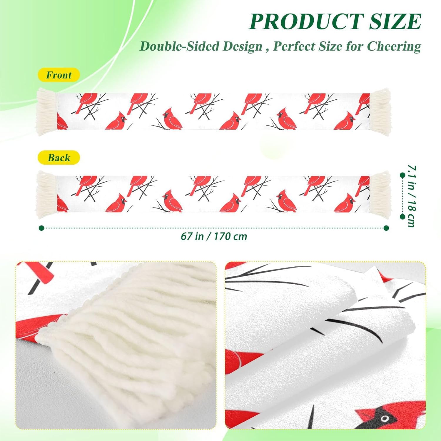 CHIFIGNO Red Bird White Quick Dry Absorbent Sweat Scarf for Sports Fans, Soft Polyester Soccer Scarf with Fringe for Cheering and Games
