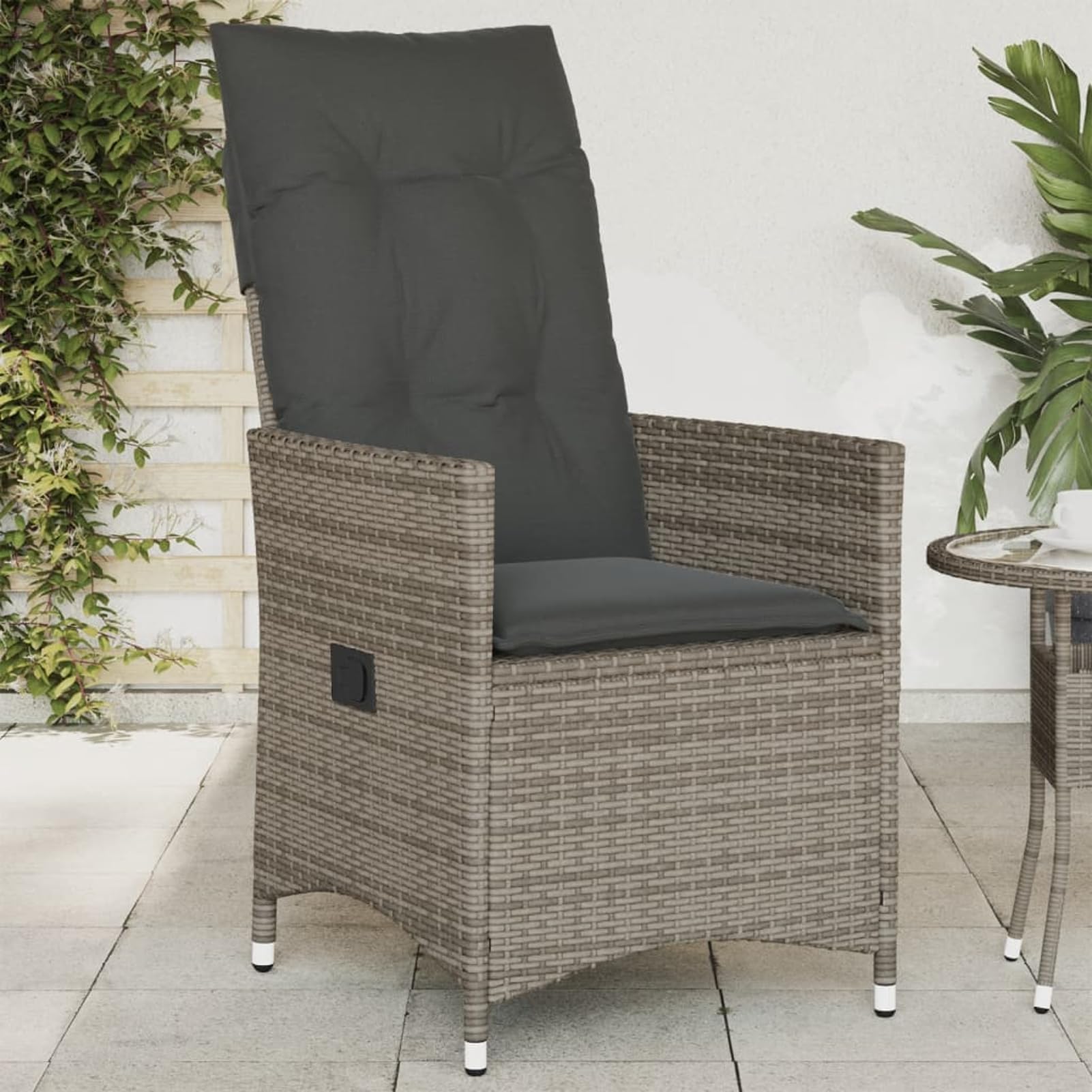 Homgoday Poltrona da Giardino Reclinabile in Rattan PE Grigio con Cuscini, Schienale Regolabile, per Esterno, 110kg