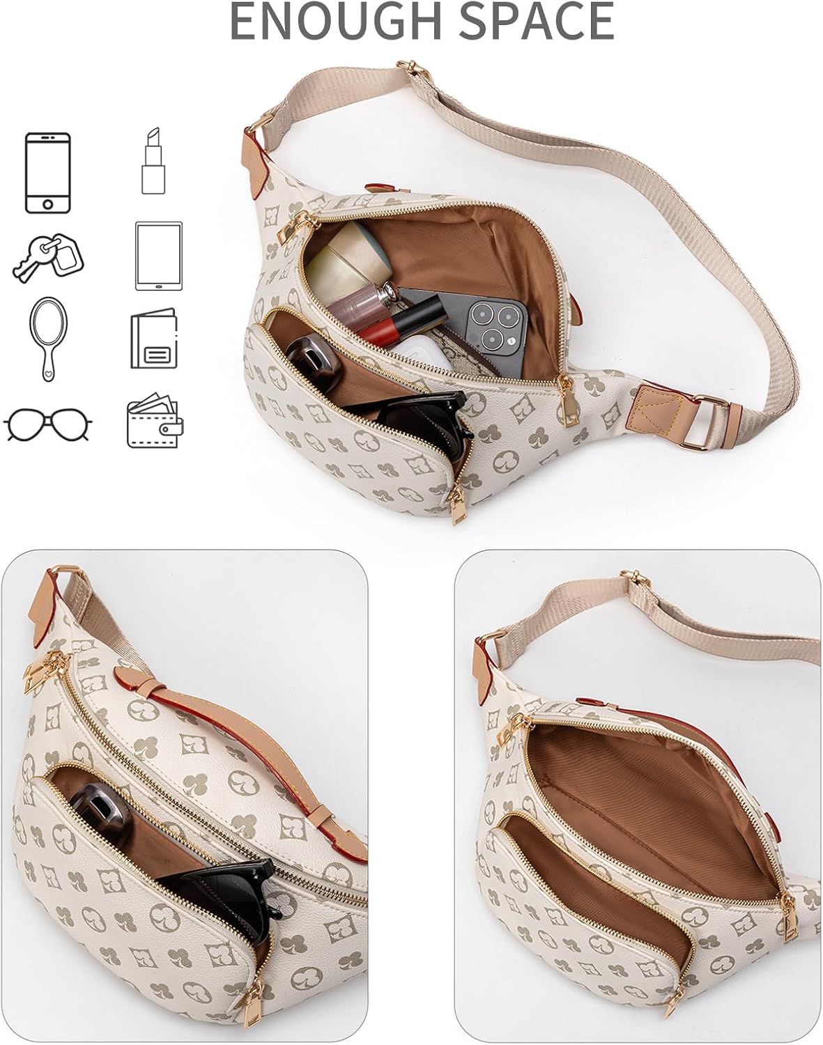 Women's Vintage Pattern Fanny Pack, Brown Waist Bag, Convertible Crossbody with Adjustable Strap, Gold Hardware (899PKW)