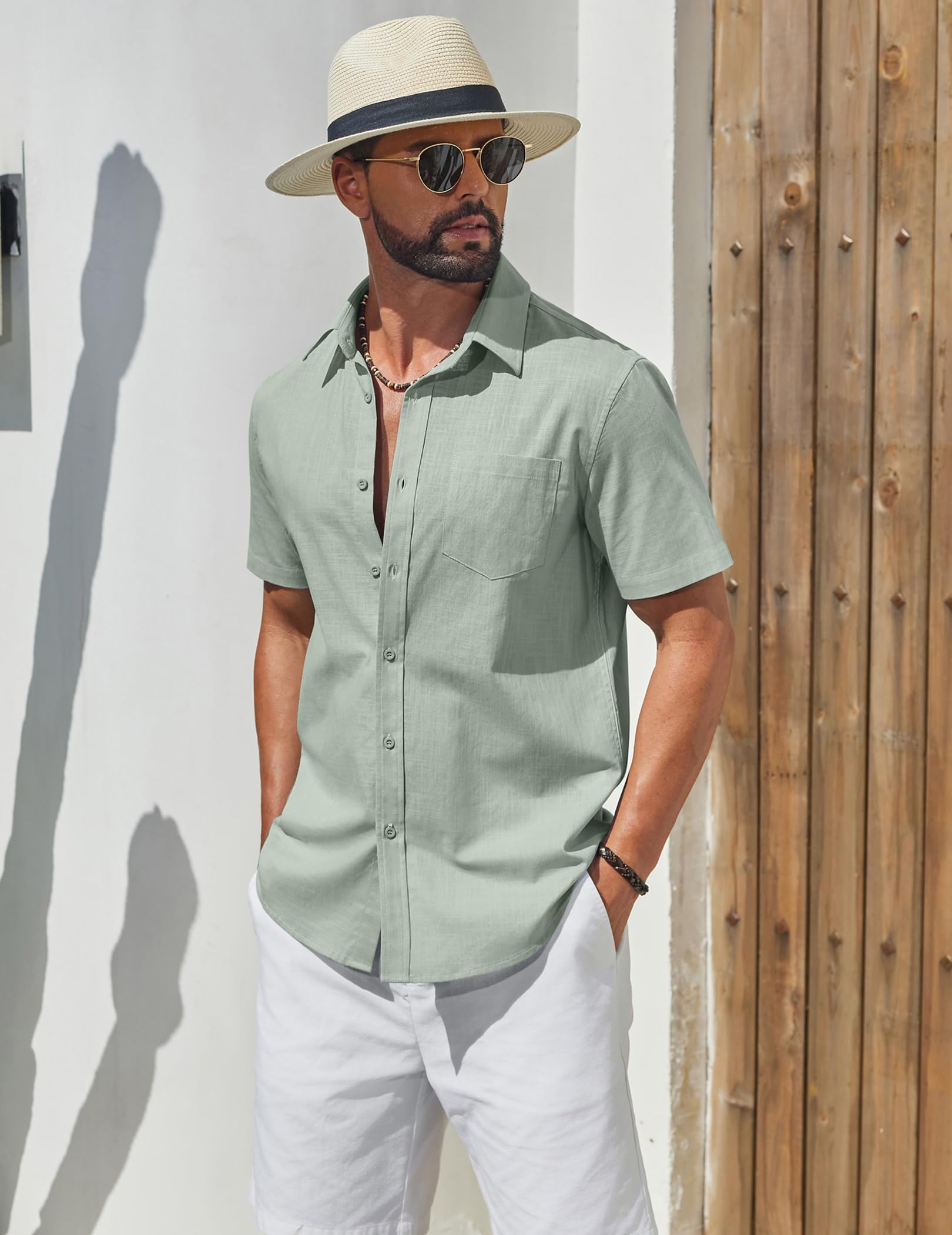 COOFANDY Camisa Hombre Manga Corta Algodón Camisa de Verano de Botones Camisas para Hombres Corte Regular Camisa de Playa para Hombres