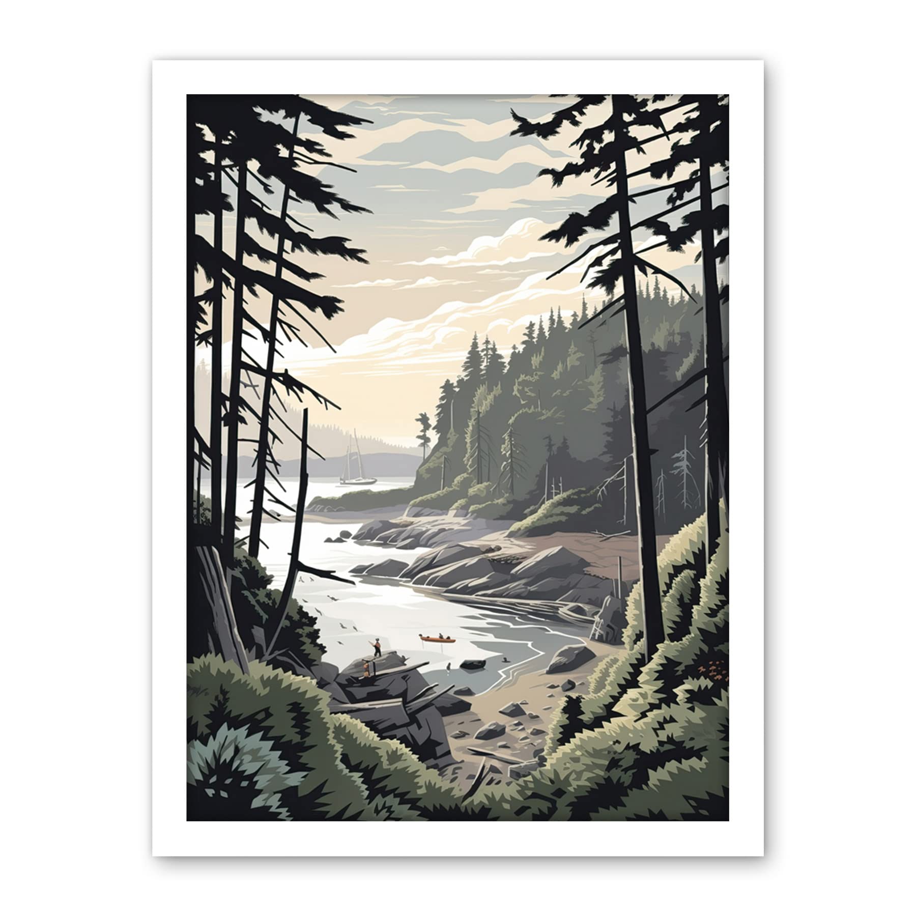 Artery8 Great Bear Rainforest Hikers Coastal Landscape Artwork Framed Wall Art Print 18X24 Inch