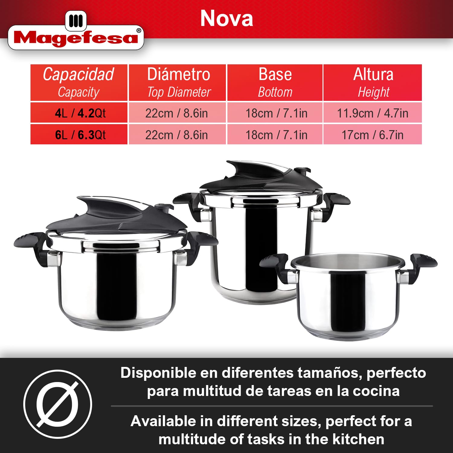 Magefesa Nova Stovetop Pressure Cooker Set – 4.2 Qt & 6.3 Qt, Fast Cooking, Easy Locking, 18/10 Stainless Steel, Induction Compatible, 5 Safety Features, 11.6 PSI