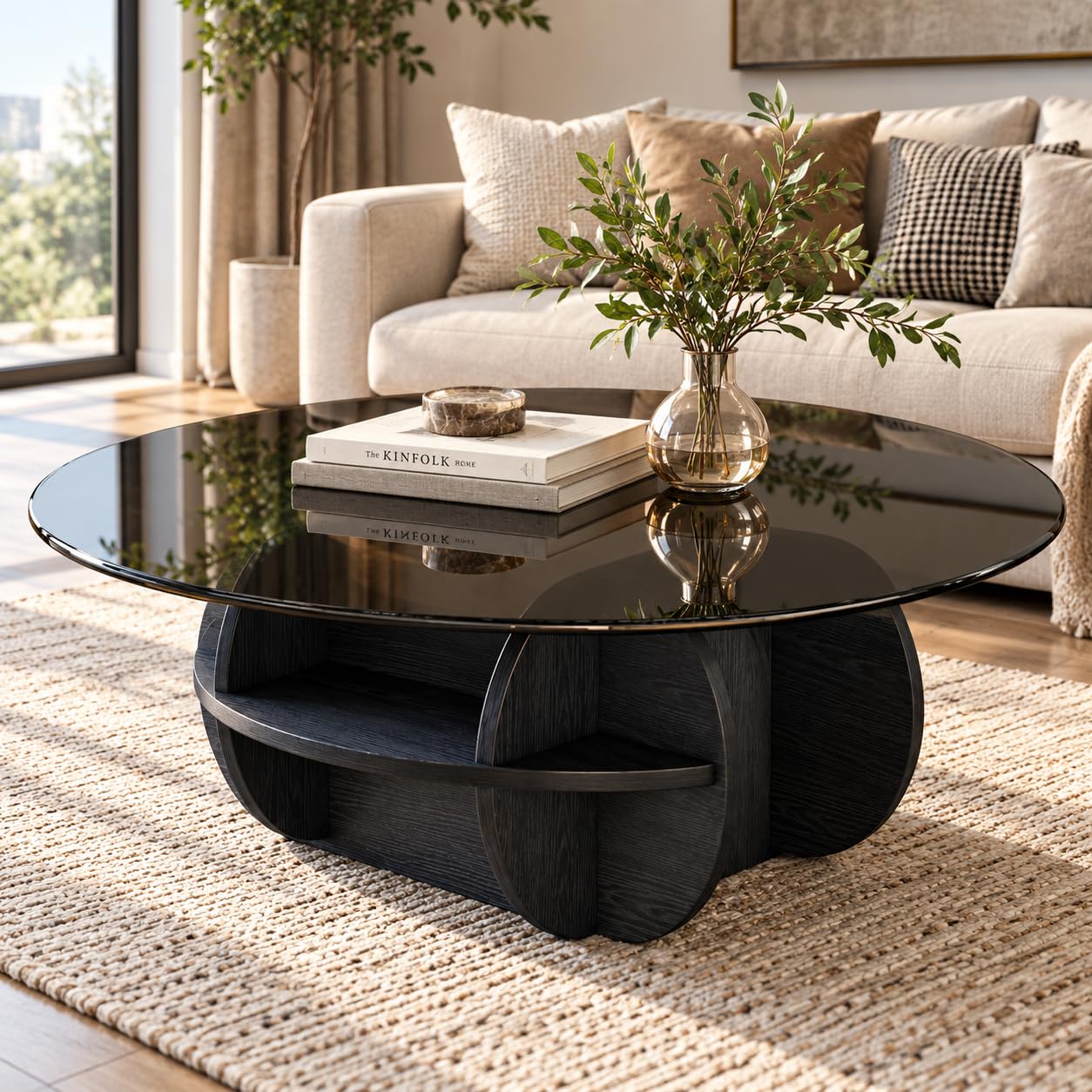Emirates Living Modern Oval Coffee Table with Glossy Smoked Black Top, Sculptural Curved Base & Open Storage Shelf, Contemporary Centre Table for Living Room, Lounge & Apartment