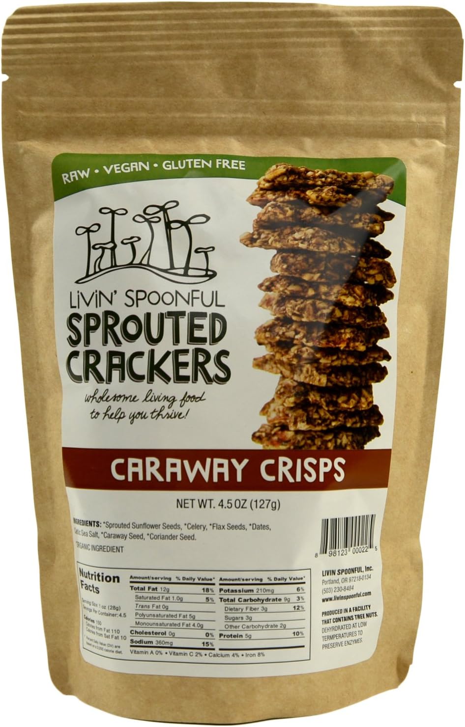 Raw Sprouted Crackers, 4.5 Oz, Caraway Crisp, (2-pack)