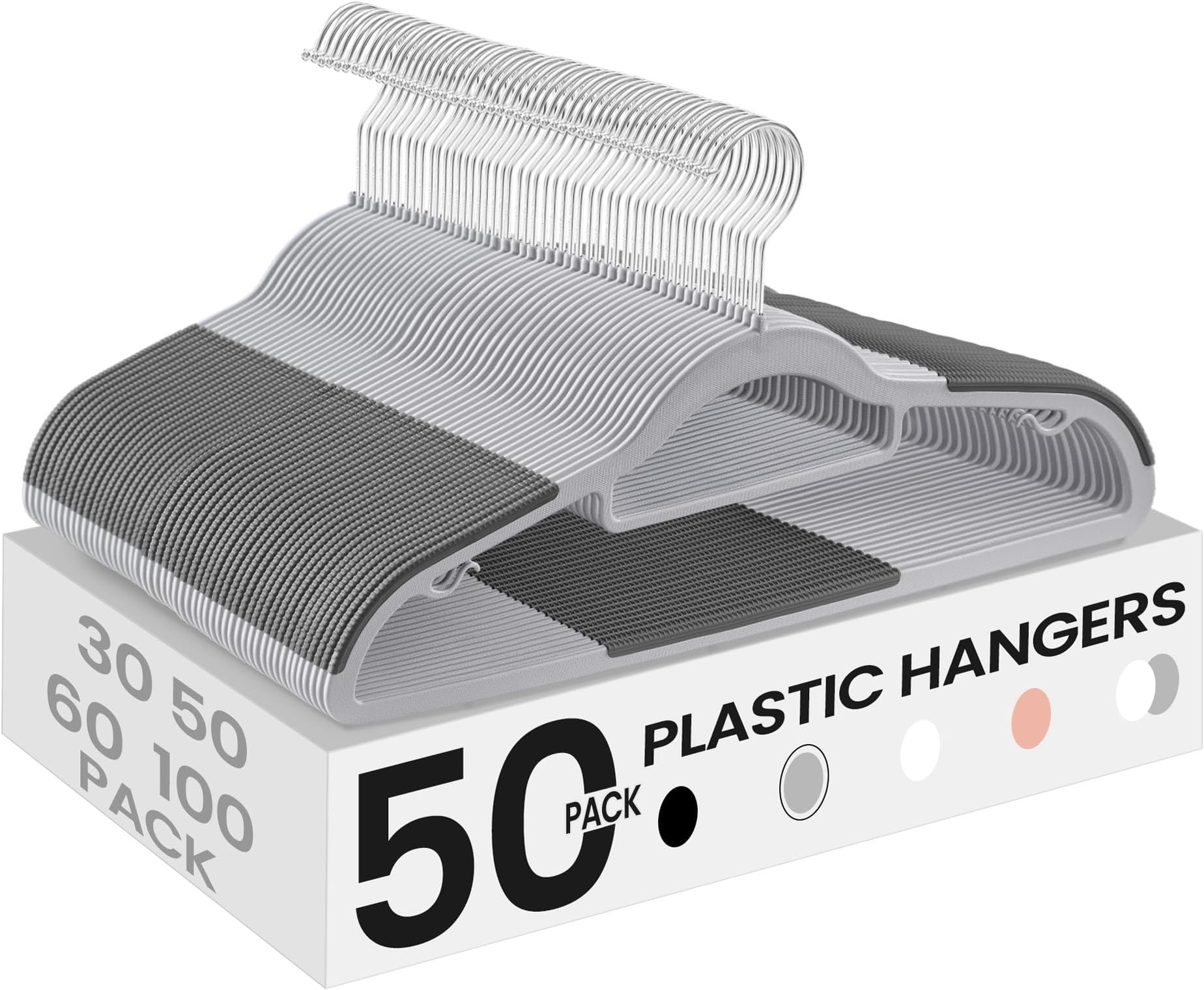 - SONGMICS Pack of 50 Coat Hangers, Space-Saving Plastic Clothes Hangers, Non-Slip, 0.2 Inches Slim, 16.5 Inches Wide, 360° Swivel Silver Hook, Light Gray and Dark Gray UCRP20G50