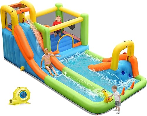 OLAKIDS Tobogán acuático inflable, casa de rebote 7 en 1 con 2 toboganes, pared de escalada, piscina de salpicaduras, columna de 2 anillos, pistola