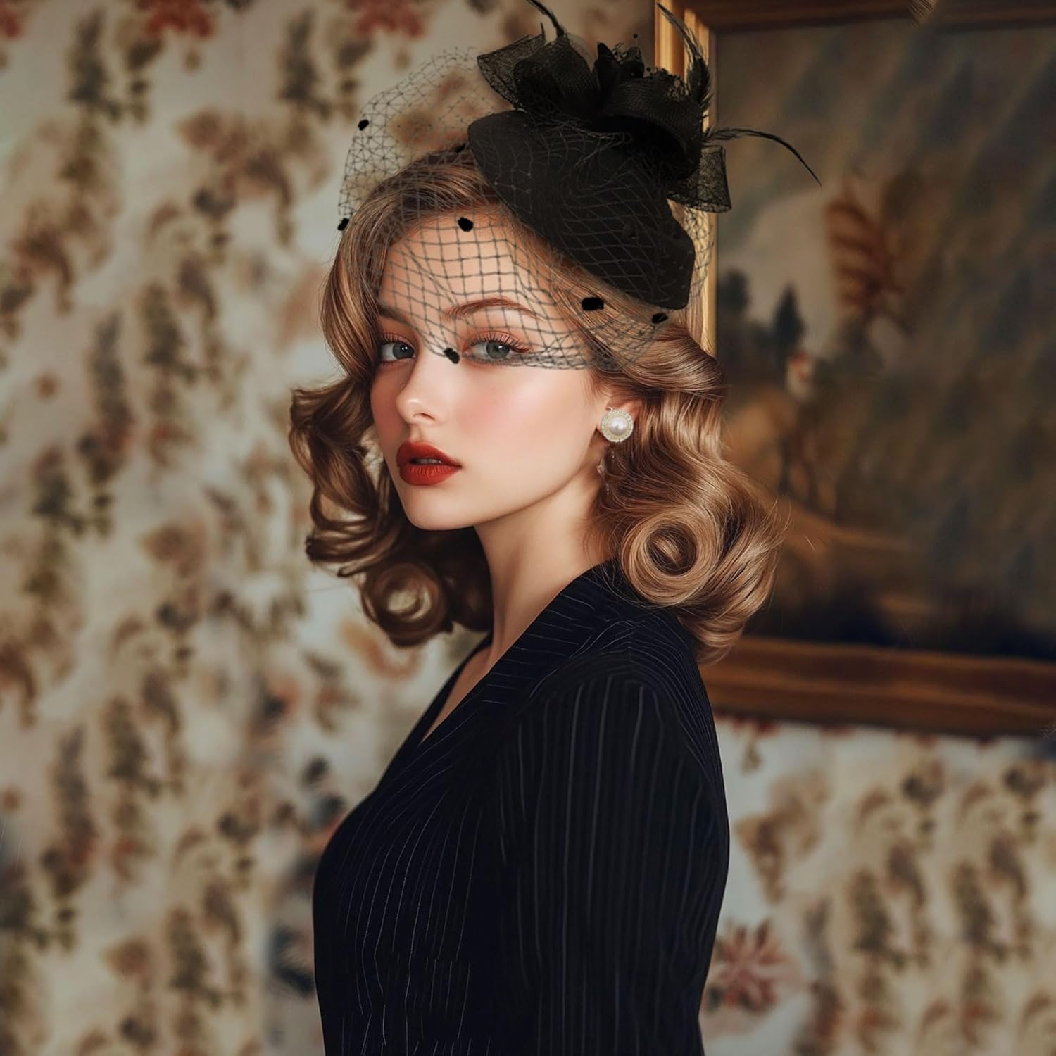 7Pcs Tea Party Hats for Women Lace Gloves Set Fascinators Hat with Veil Feather Tea Party Accessories Wedding - Image 7