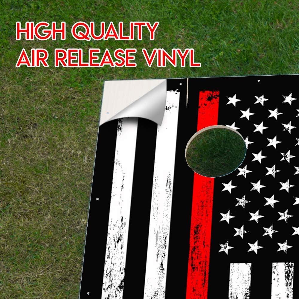 Skin Decals Vinyl Wrap for Cornhole Game Board Bag Toss (4 pcs.) Includes Dry Erase Marker and Scoreboard | Thin Red Line Flag