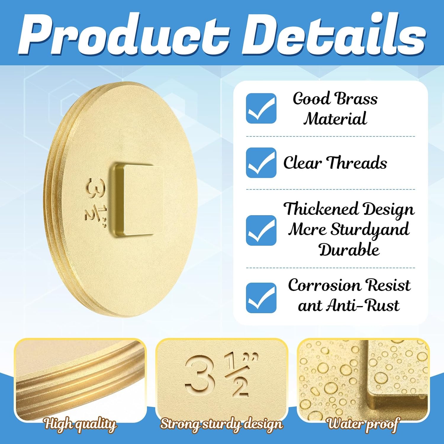 Therwen 2 Pcs 3.5 Inch Sewer Cleanout Cap Slotted Brass Cleanout Plug Wrench Sewer Clean Cover for Drain, Waste, and Vent Purposes(Convex)