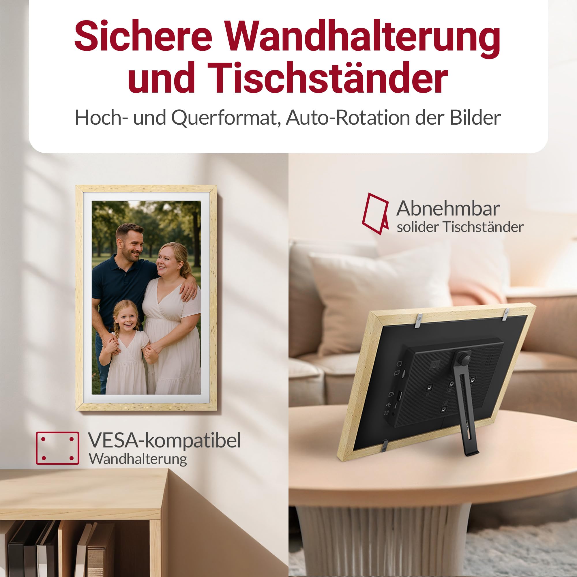 XORO 15 Zoll WiFi Digitale Bilderrahmen, 1920x1080 Full HD 1080P IPS Touch Display, 32GB Speicher, Automatische Rotation, Buchenholz, Teilen Sie Fotos sofort von überall aus