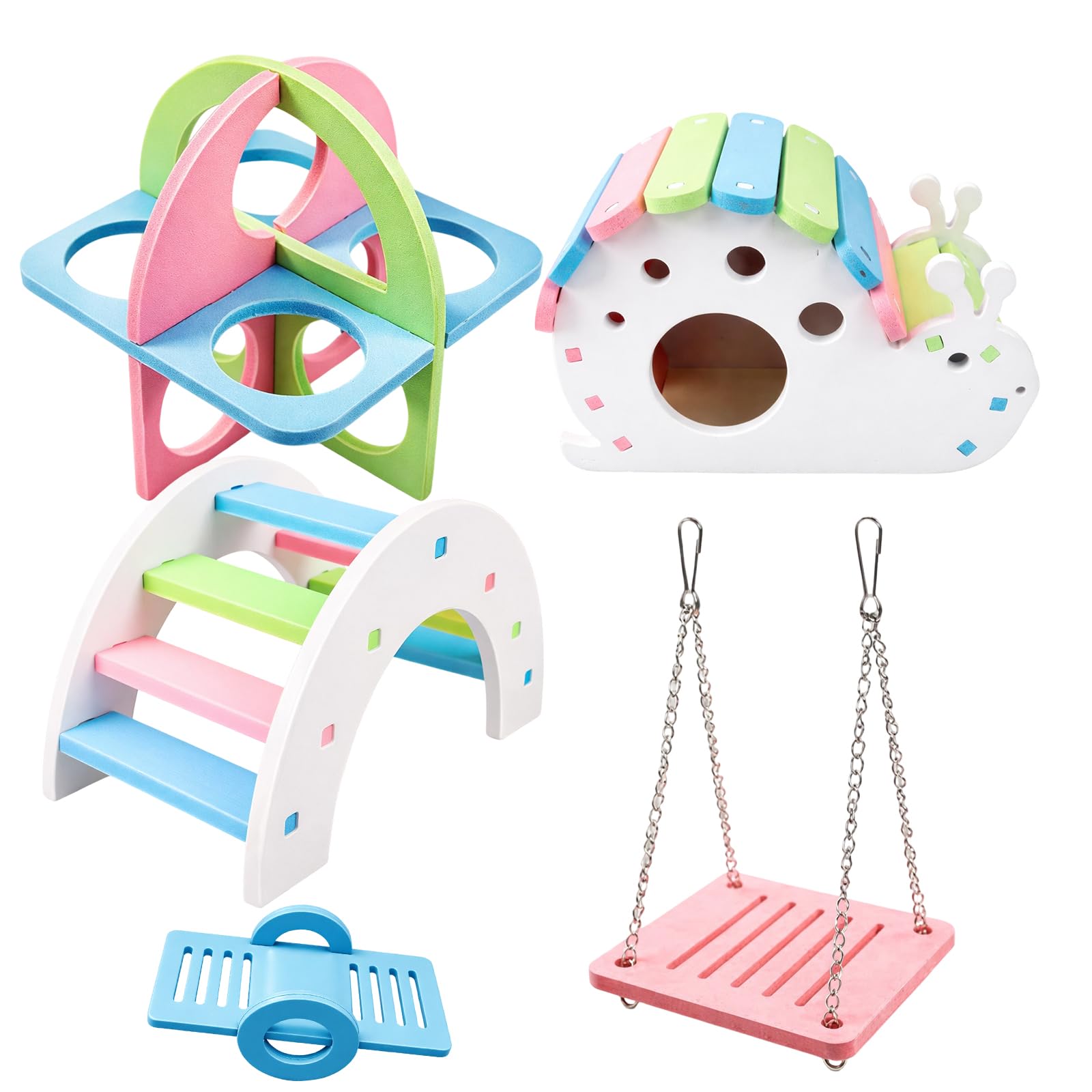 Hamster Toys, Hamster Accessories and Hamster Cage Accessories, 5 Piece Set with Swing, Exercise Rings, Bridge, Hideout and Seesaw, Enrichment Activity Centre for Small Pets, Dwarf Hamster Toys and Ge