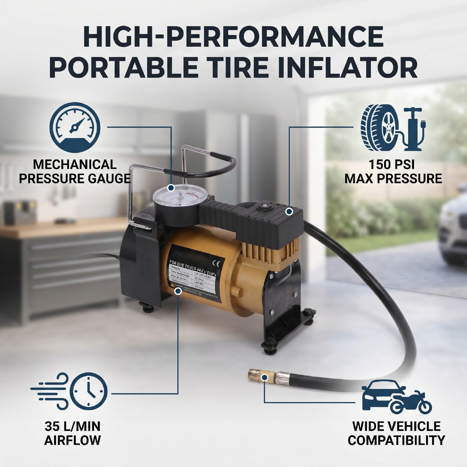 Compressore d'Aria Portatile, Gonfiatore per Pneumatici per Auto 12V 150 PSI con Manometro Analogico, Sostituzione per Pneumatici per Auto, Bici, Palloni Sportivi (Stile rotore)