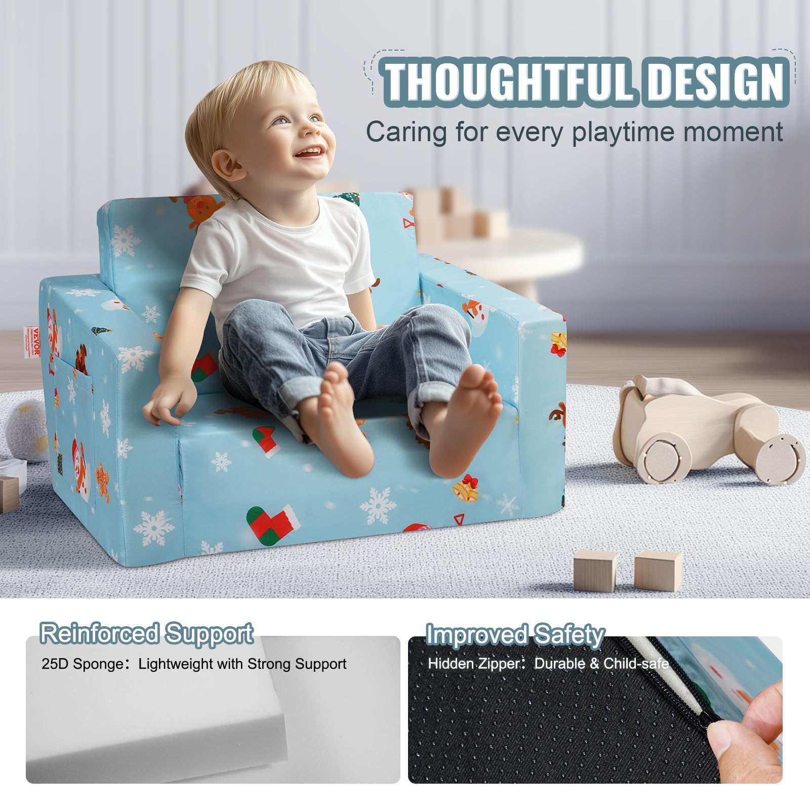 VEVOR Seggiolone Pieghevole 2 in 1, Divano Letto per Bambini, Divano in Schiuma Morbida, Sdraietta Trasformabile, Sedia per Bambini, Mobili per Sala Giochi, Blu