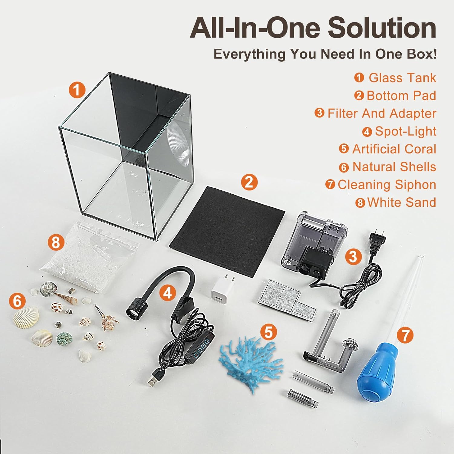 DIY Aquarium Masterpiece Kit - Create Your Own Unique Ocean Aquascape with Natural Shells, Vibrant Corals, RGB Color Lights, Filter, Pump and 1.2Gal Cube Rimless Tank