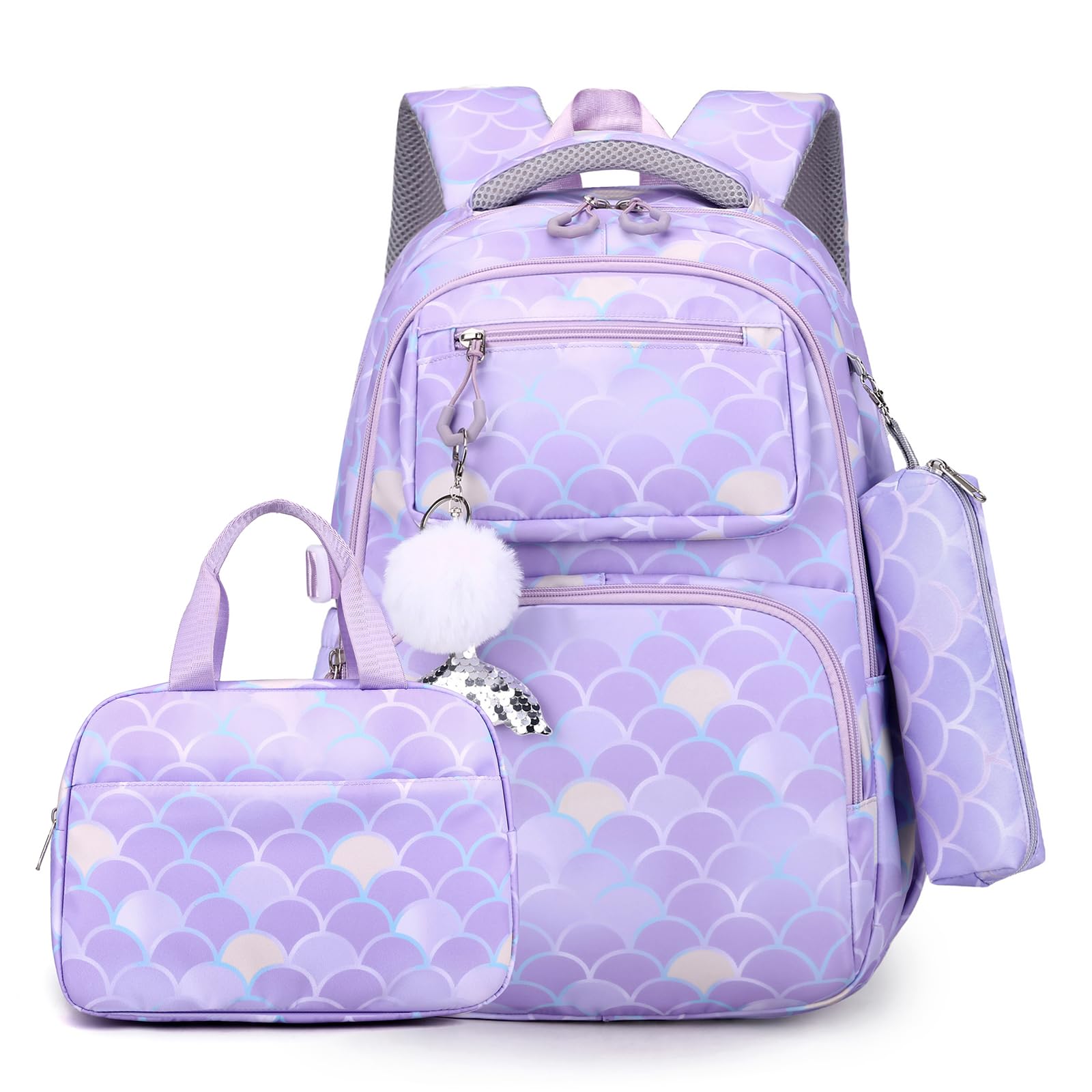 Nylon Rucksack mit Lunchtasche und Federmäppchen Set für Grundschüler, Schulrucksack für Teenager