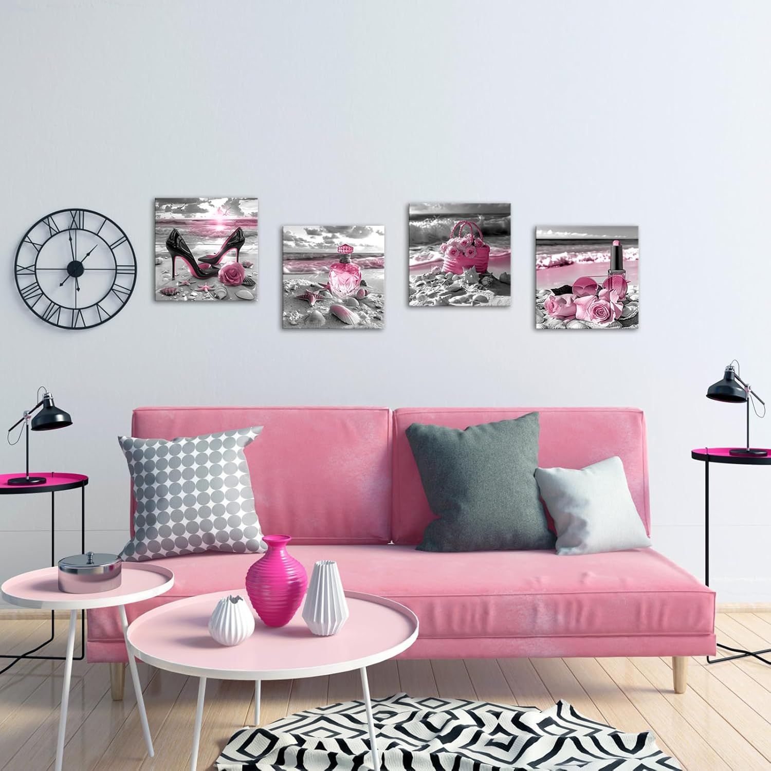 LyerArtork 4 Pieces Pink Makeup Room Canvas Wall Art Fashion Perfume High Heels Lipstick Beach Flower Picture Beauty Salon Woman Wall Decor Print Artworks for Bedroom Girls Room 12x12inchx4