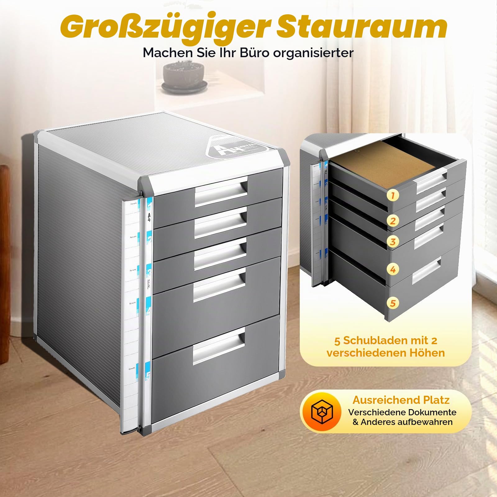 Metall Schubladenbox Abschließbar, Aluminiumlegierung Büroschrank 5 Schubladen Aktenschrank für DIN A4, Büro, Klassenzimmer und Heim, 35 * 31,5 * 40,5 cm