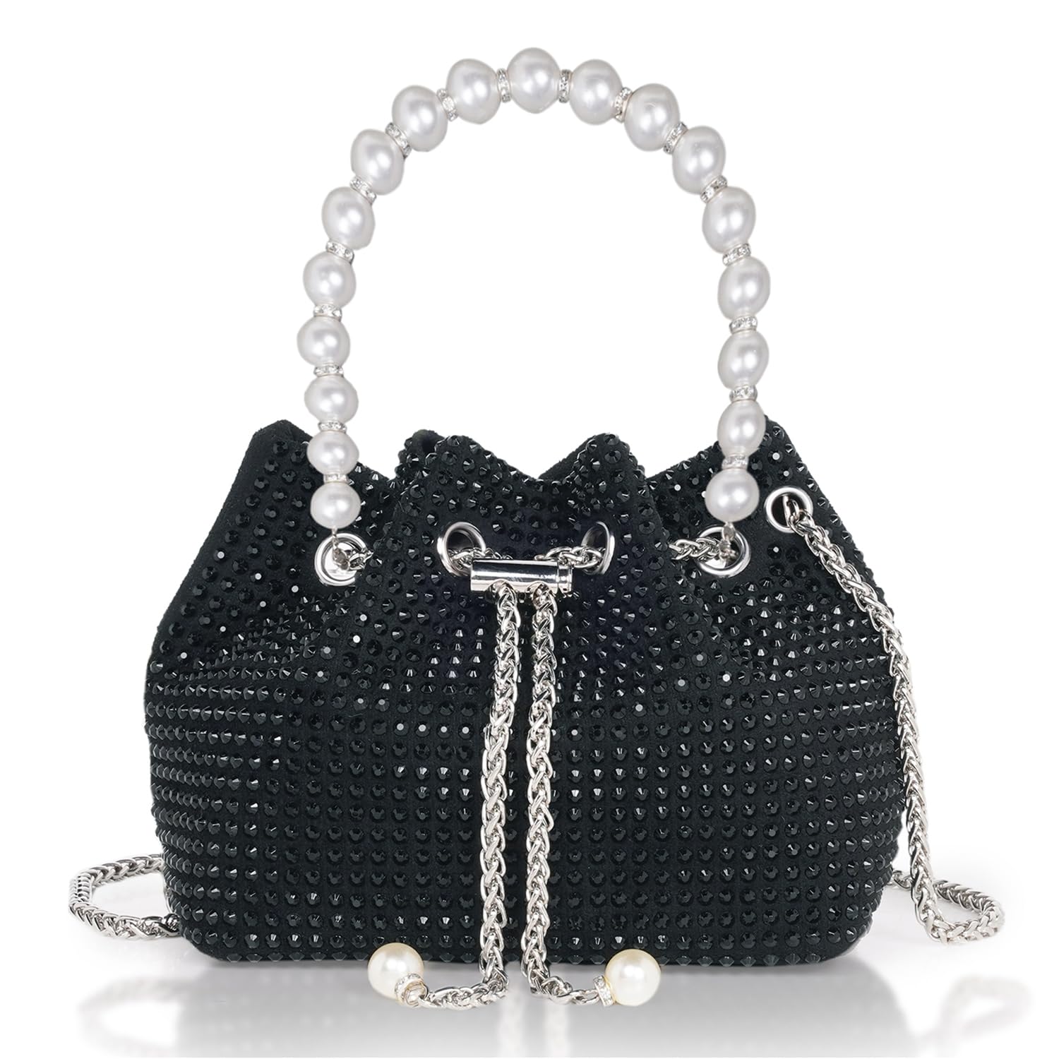 DOSYSO Rhinestone Bucket Bag Mini Evening Pearl Handle Handbags Clutch For Women Drawstring Crossbody Sling Bags with Chain Strap Stylish Potli Bags Ladies Purse for Party Wedding Bling Black (B0CPVY4SB1) Amazon Price History, Amazon Price Tracker