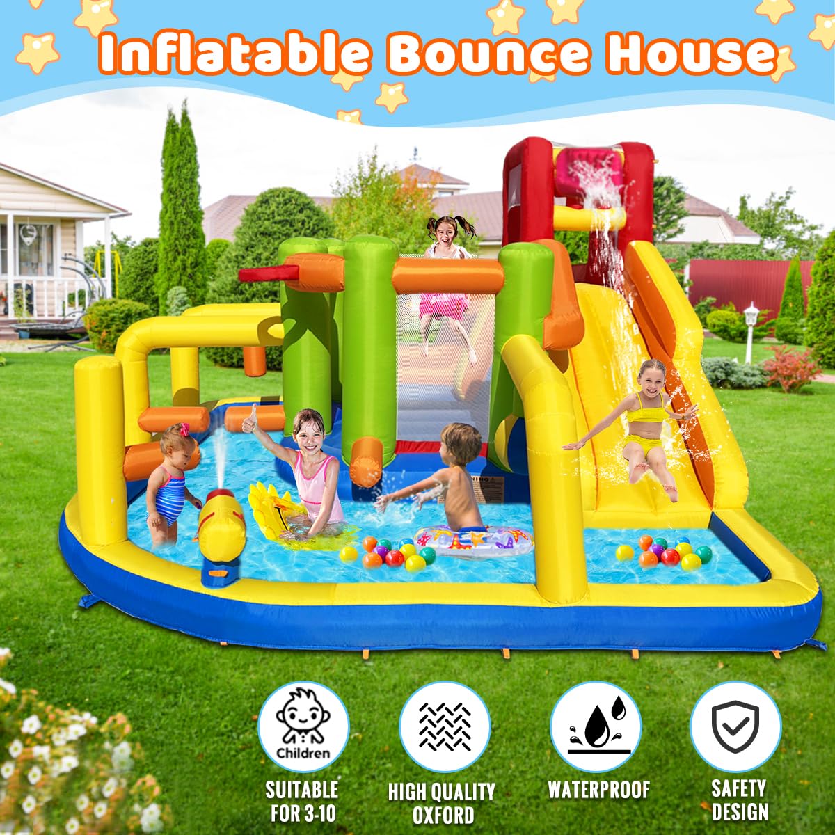 Baralir Castillo Hinchable XXL con tobogán acuático y soplador – Ideal para jardín, casa de Juegos niños al Aire Libre, Experiencia Segura en el Patio de recreo