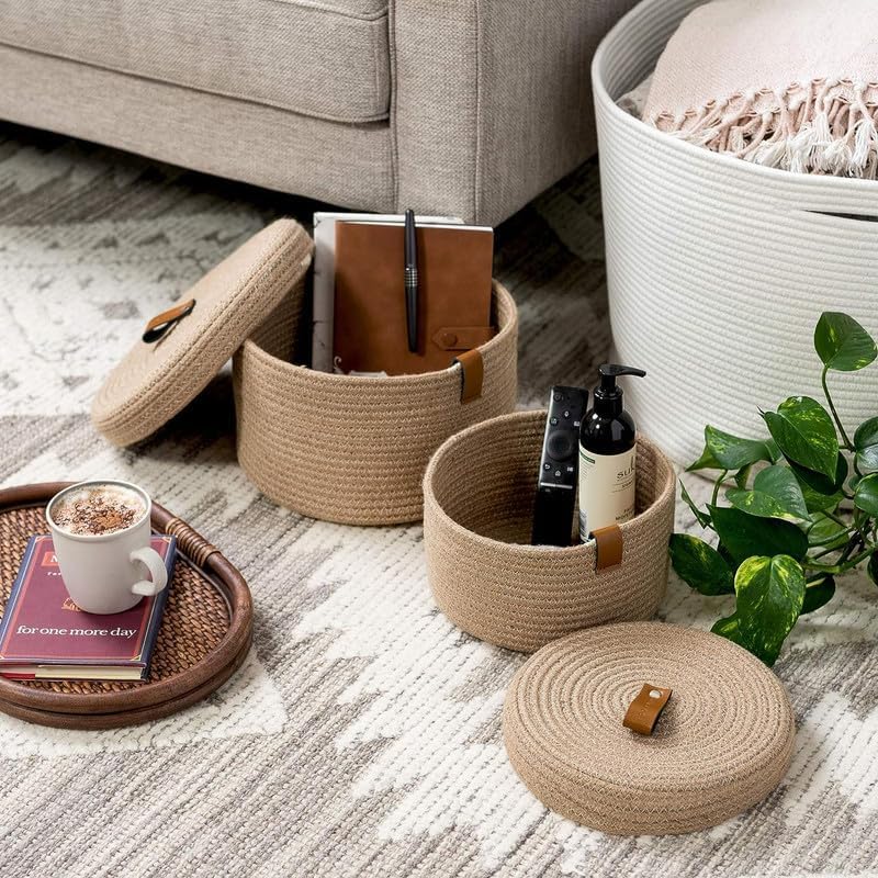 Image of [Set of 2-9.5x5 inch & 11x6.5 inch, Round, Beige] Handwoven Soft Jute Cotton Basket with Lid | Eco-Friendly, Naturally Reshapes After Filling | Ideal for Organization & Gift Hampers