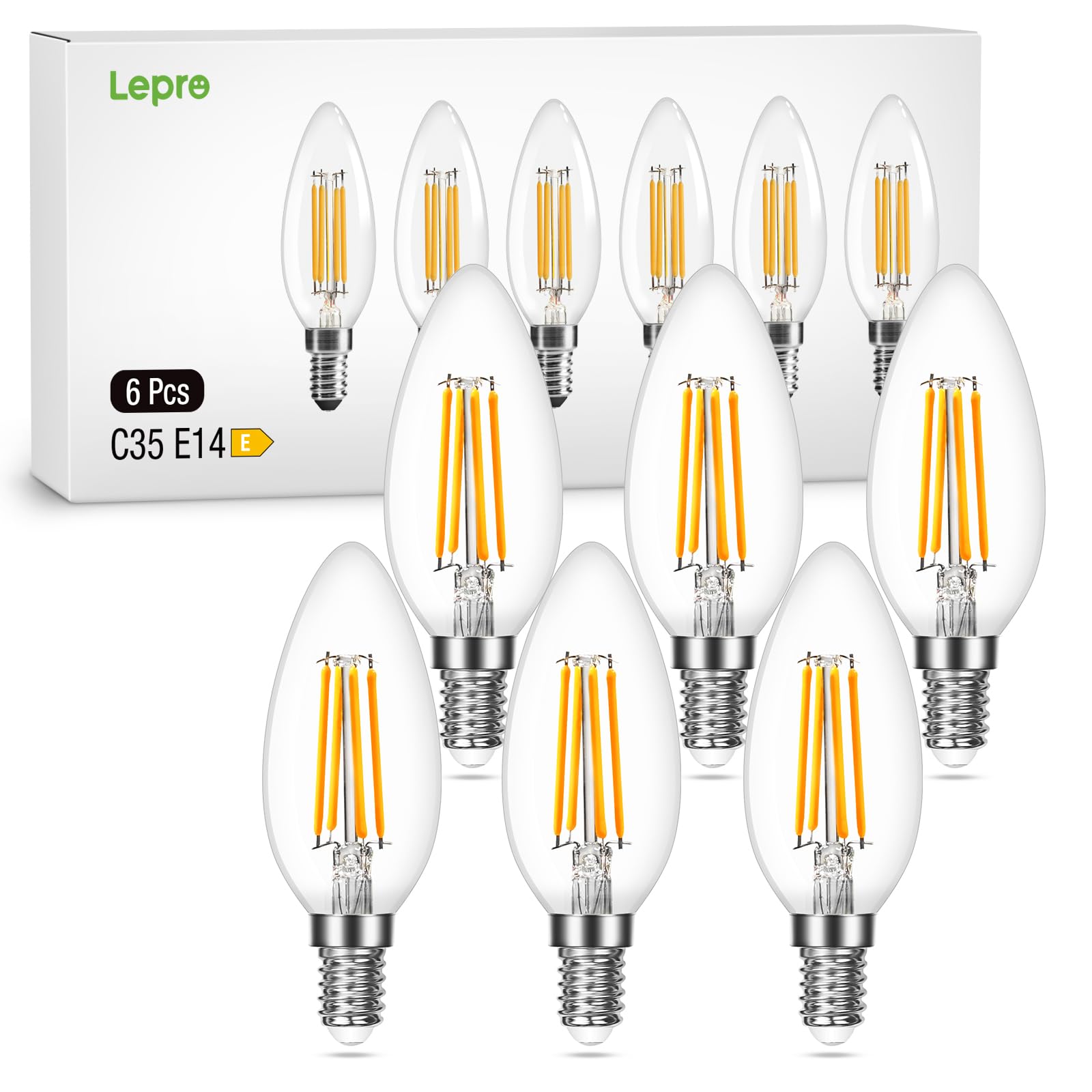 Lepro E14 LED Light Bulb, LED Candle Bulbs Small Screw, 4W 470lm, 40W Equivalent E14 C35 Bulb Vintage, Warm White 2700K, 360° Beam, Non Dimmable, Filament Bulbs for Chandeliers and More, Pack of 6