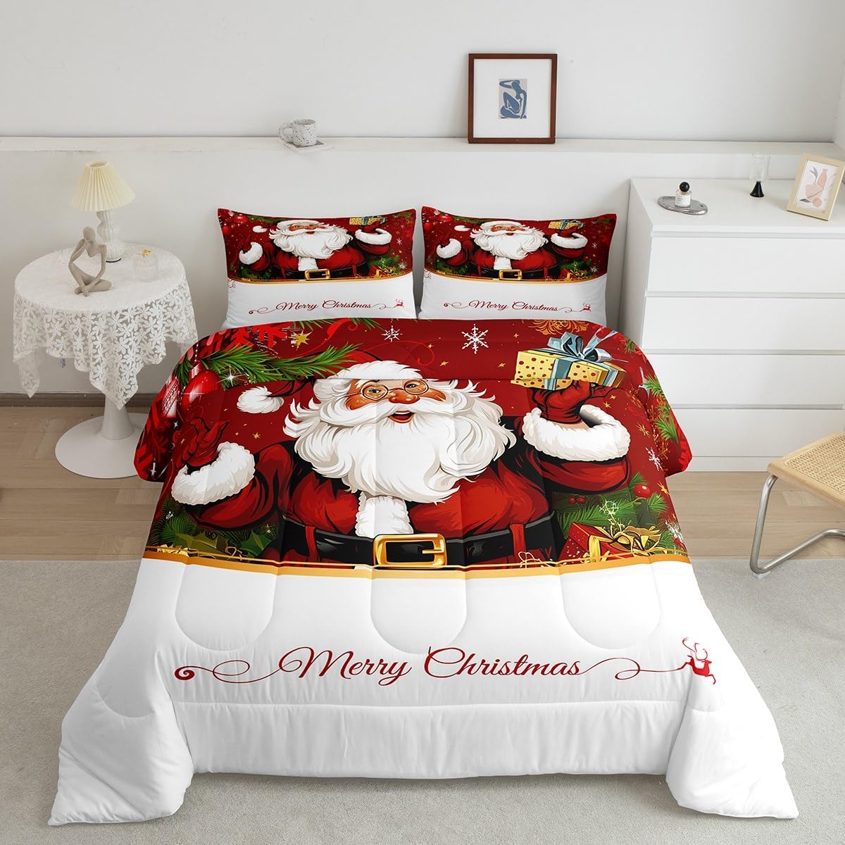 Castle Fairy Santa Claus Comforter Set Queen Size,Red Christmas Decorations Bedding Set for Kids Boys Girls Bedroom Decoration,Geometric Bed Duvet Insert,Xmas Theme Comforter with 2 Pillowcase