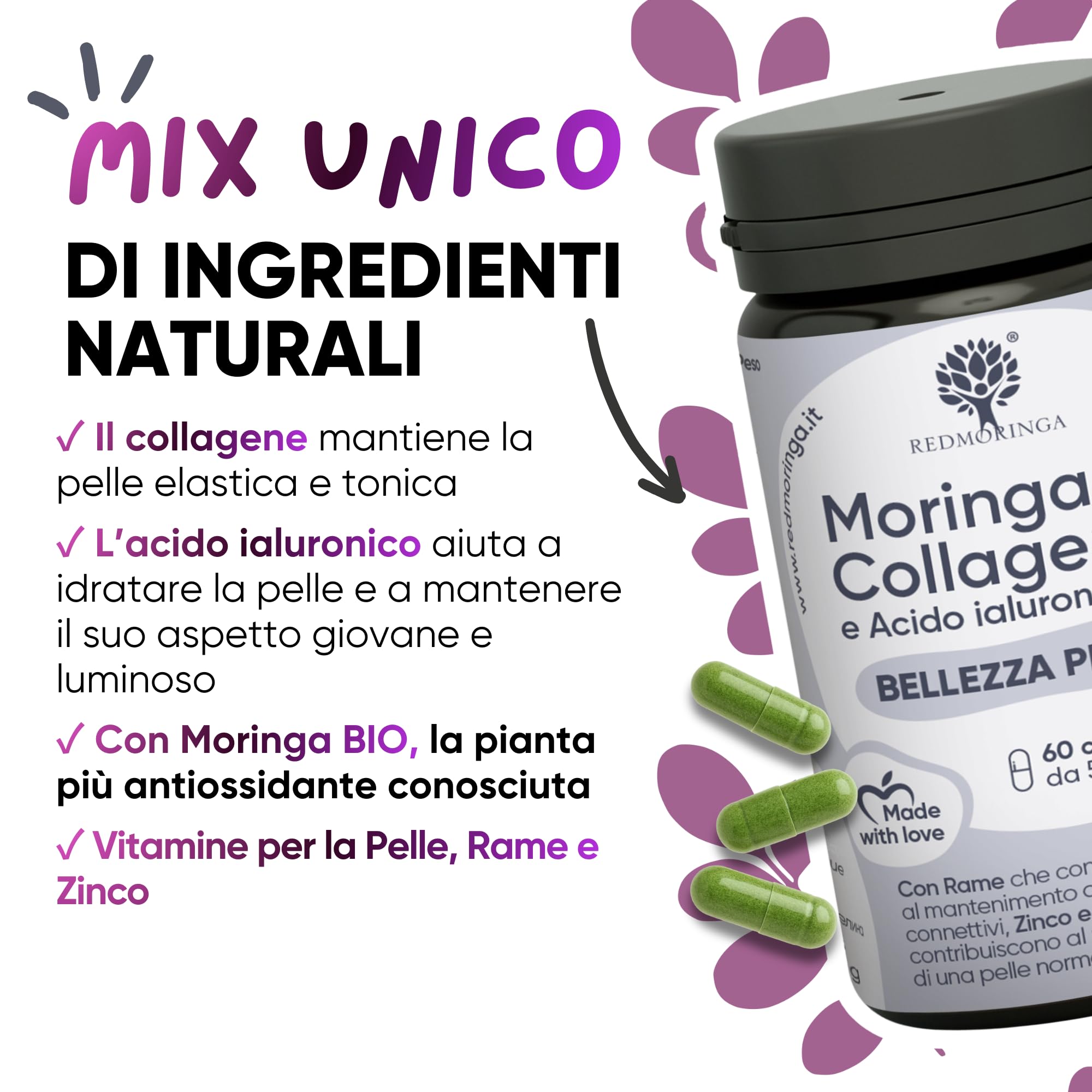 Collagene Marino Idrolizzato potenziato con Moringa BIO contro Radicali Liberi – Acido Ialuronico, Zinco, Biotina, Rame, Vit. A B2 B3 C – Integratore Pelle e Articolazioni – 60 Capsule | RedMoringa