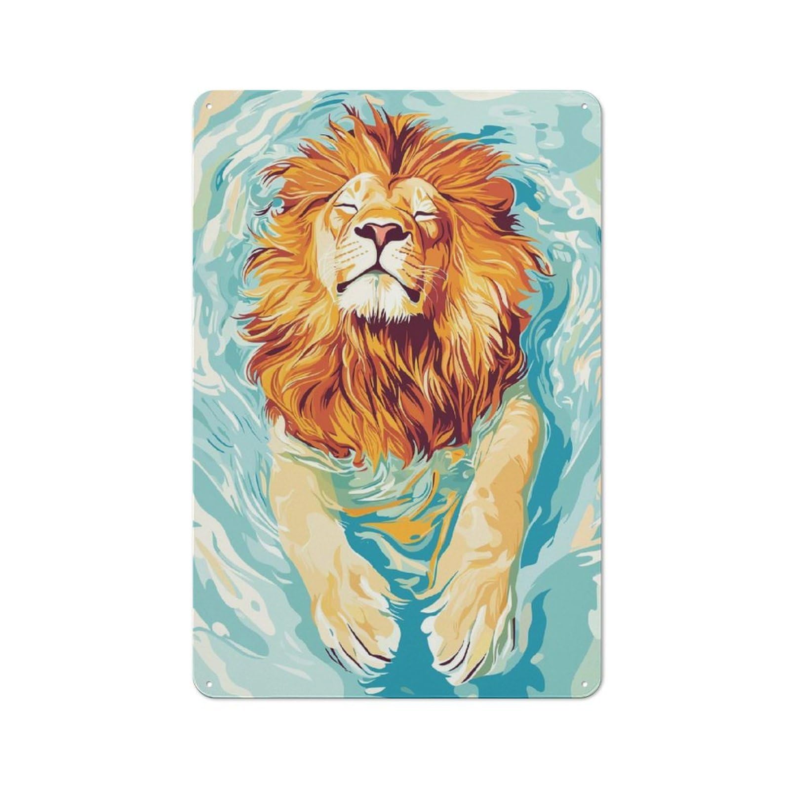 Metal Wall Plaque with Lion Swimming in Water Illustration Design 30x20cm, Retro Room Wall Plaque for Home, Shop, Pub Or Studio Wall