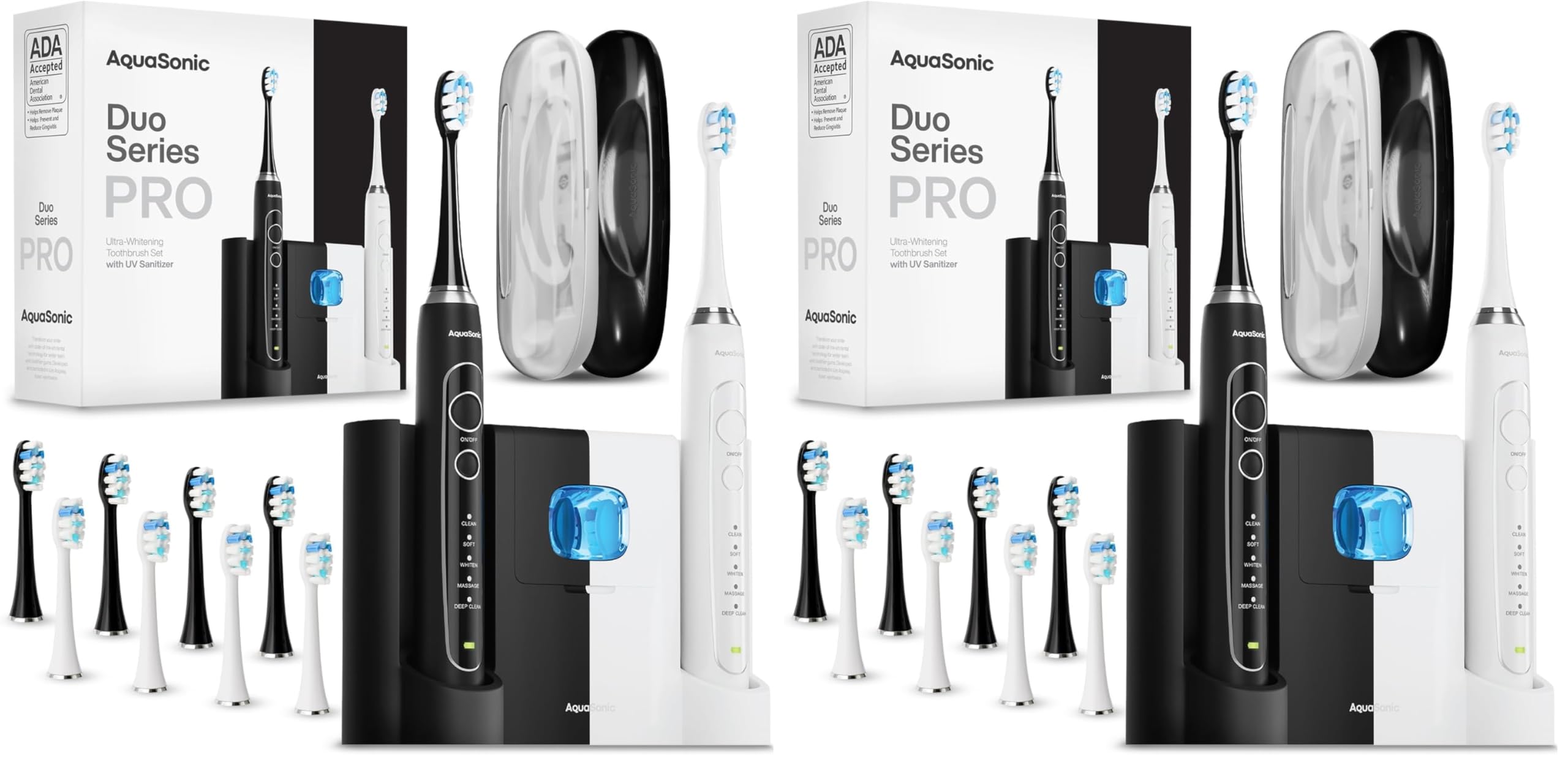 Aquasonic Duo Series PRO UV - ADA Accepted Electric Toothbrushes with UV Sanitizer - Inductive Charging Base - 5 Modes with Smart Timers - 10 Proflex Brush Heads &amp; 2 Travel Cases (Pack of 2)