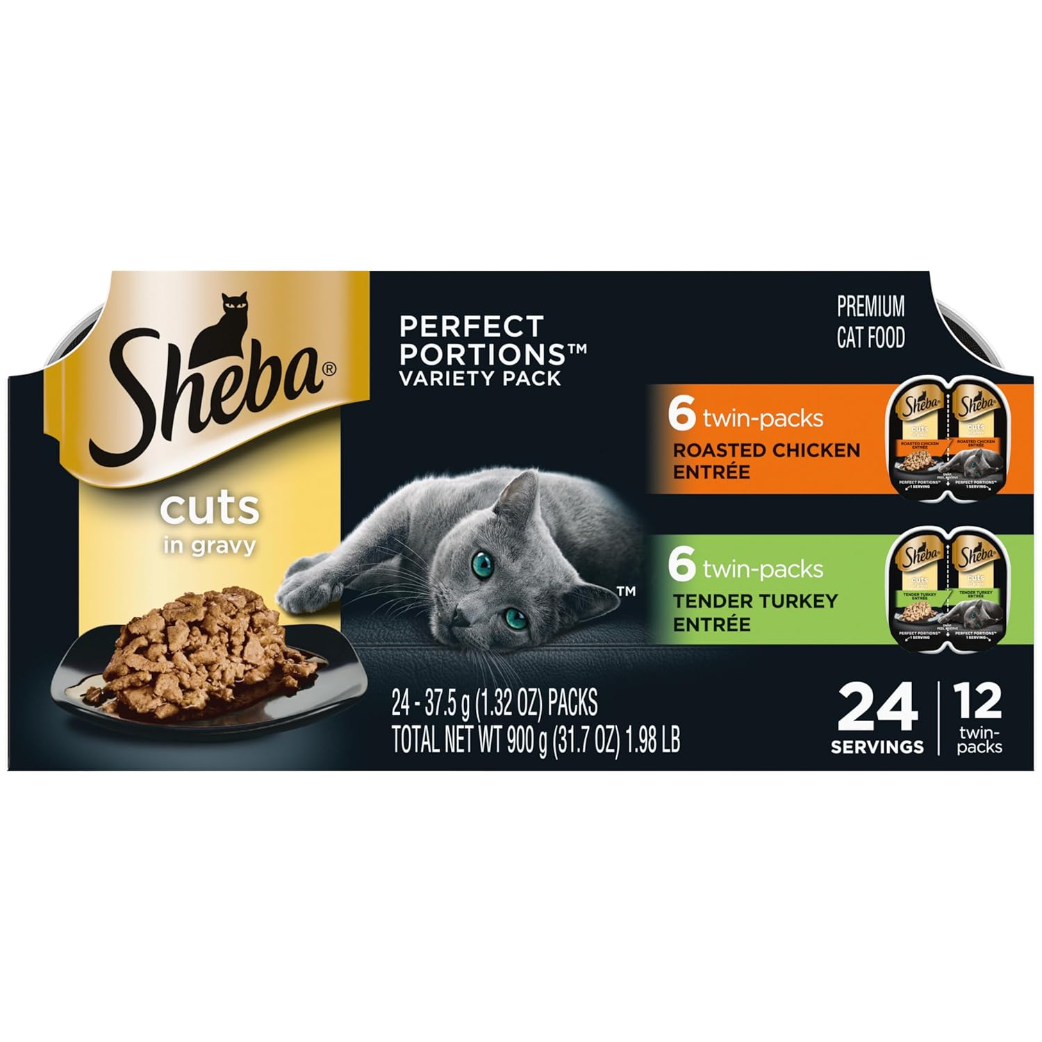 Sheba Perfect Portions Wet Cat Food Cuts in Gravy Variety Pack, Roasted Chicken Entree and Tender Turkey Entree, 2.6 oz. Twin-Pack Trays (12 Count, 24 Servings)