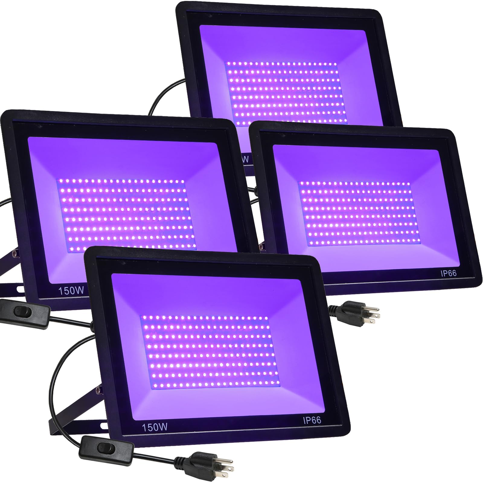 4 Pack 150W LED Black Lights, Flood Blacklight with Plug, IP66 Waterproof Outdoor UV Spotlight for Dance Party Large Space, Glow in The Dark, Halloween Lamp