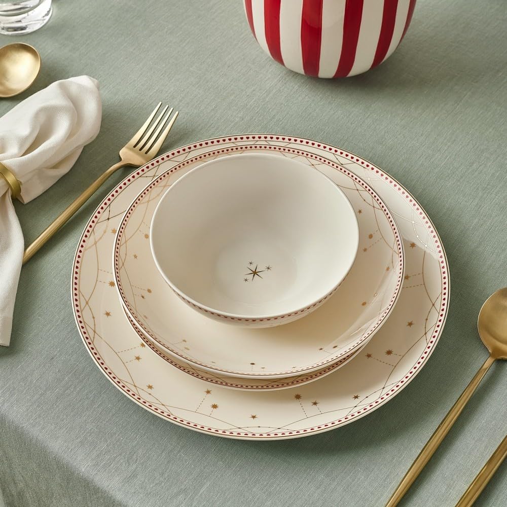 Karaca New Year Festival - Bone China Porzellan Geschirrset für 6 Personen Modern Teller Set 24-teilig mit Suppenteller, Dessertteller, Essteller und Servierteller Weihnachten Tafelservice